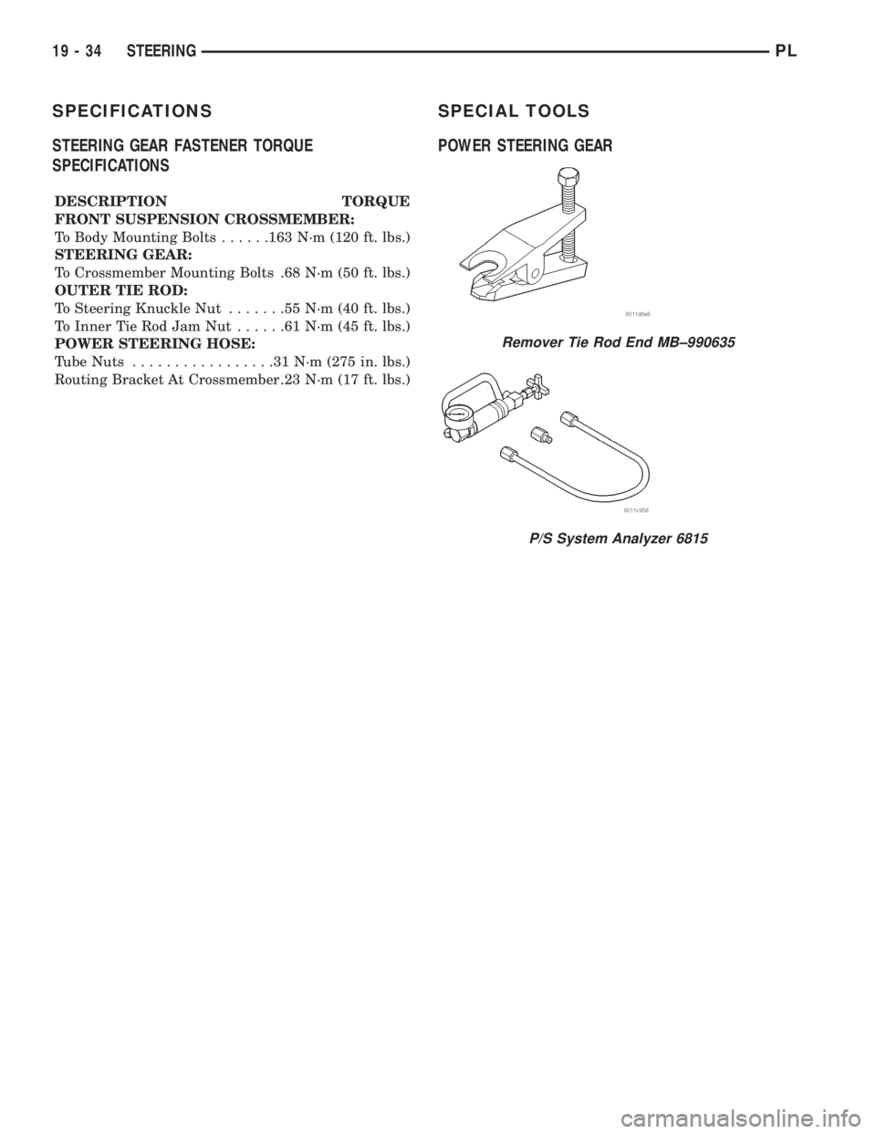 DODGE NEON 1999 Service Repair Manual SPECIFICATIONS
STEERING GEAR FASTENER TORQUE
SPECIFICATIONS
DESCRIPTION TORQUE
FRONT SUSPENSION CROSSMEMBER:
To Body Mounting Bolts......163 N´m (120 ft. lbs.)
STEERING GEAR:
To Crossmember Mounting DODGE NEON 1999 Service Repair Manual SPECIFICATIONS
STEERING GEAR FASTENER TORQUE
SPECIFICATIONS
DESCRIPTION TORQUE
FRONT SUSPENSION CROSSMEMBER:
To Body Mounting Bolts......163 N´m (120 ft. lbs.)
STEERING GEAR:
To Crossmember Mounting