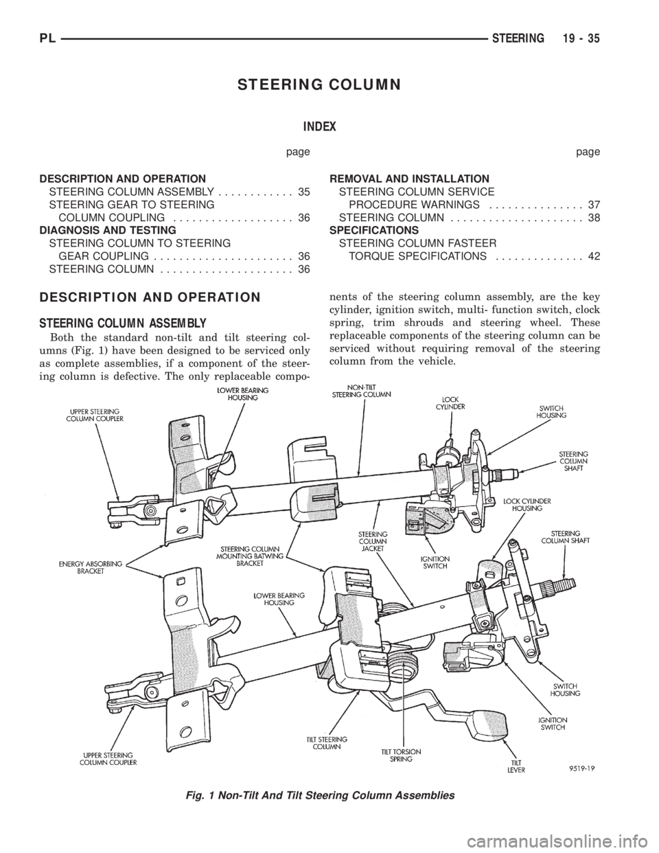 DODGE NEON 1999 Service Repair Manual STEERING COLUMN
INDEX
page page
DESCRIPTION AND OPERATION
STEERING COLUMN ASSEMBLY............ 35
STEERING GEAR TO STEERING
COLUMN COUPLING................... 36
DIAGNOSIS AND TESTING
STEERING COLUMN DODGE NEON 1999 Service Repair Manual STEERING COLUMN
INDEX
page page
DESCRIPTION AND OPERATION
STEERING COLUMN ASSEMBLY............ 35
STEERING GEAR TO STEERING
COLUMN COUPLING................... 36
DIAGNOSIS AND TESTING
STEERING COLUMN