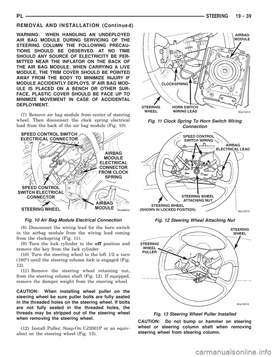DODGE NEON 1999 Service Repair Manual WARNING: WHEN HANDLING AN UNDEPLOYED
AIR BAG MODULE DURING SERVICING OF THE
STEERING COLUMN THE FOLLOWING PRECAU-
TIONS SHOULD BE OBSERVED. AT NO TIME
SHOULD ANY SOURCE OF ELECTRICITY BE PER-
MITTED N DODGE NEON 1999 Service Repair Manual WARNING: WHEN HANDLING AN UNDEPLOYED
AIR BAG MODULE DURING SERVICING OF THE
STEERING COLUMN THE FOLLOWING PRECAU-
TIONS SHOULD BE OBSERVED. AT NO TIME
SHOULD ANY SOURCE OF ELECTRICITY BE PER-
MITTED N