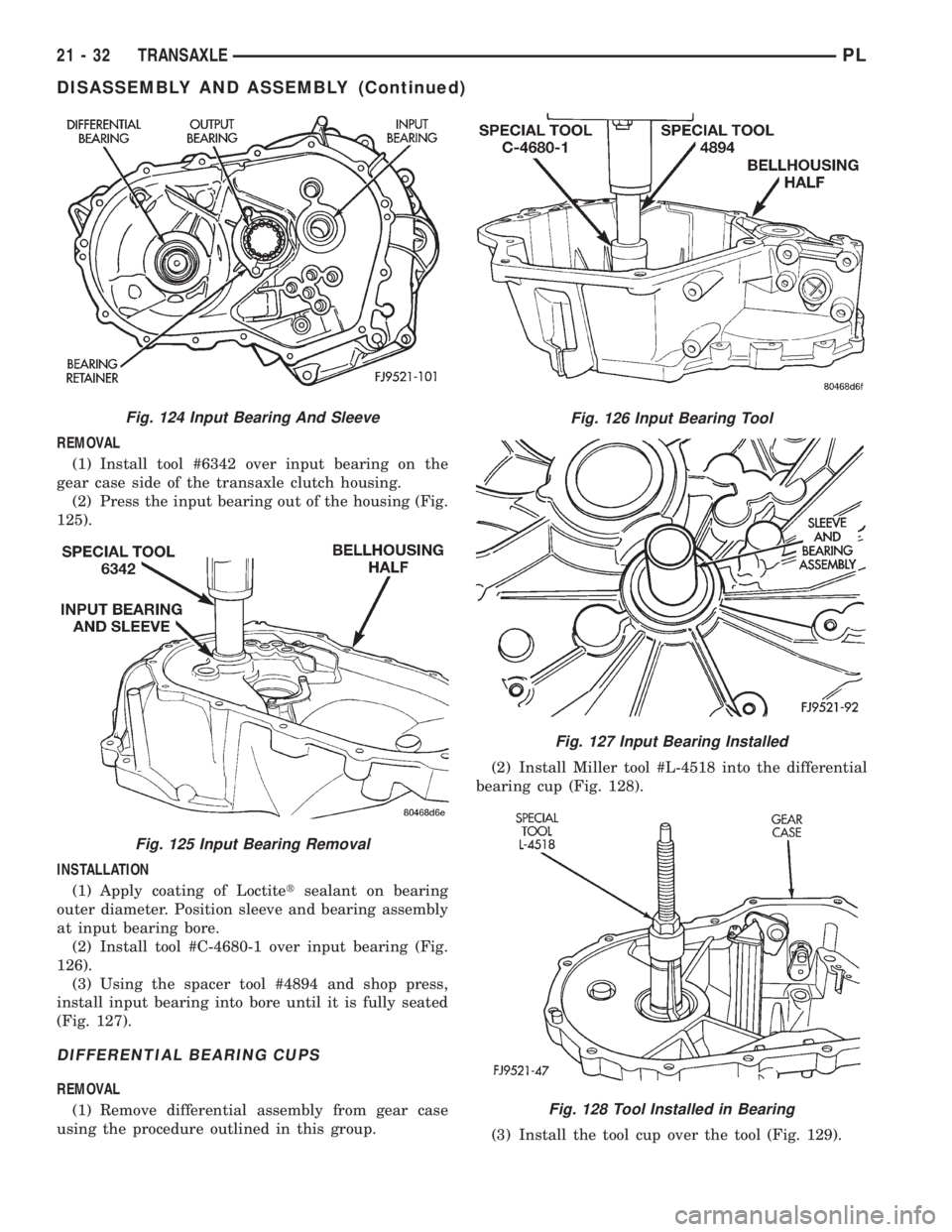 DODGE NEON 1999 Service Repair Manual REMOVAL
(1) Install tool #6342 over input bearing on the
gear case side of the transaxle clutch housing.
(2) Press the input bearing out of the housing (Fig.
125).
INSTALLATION
(1) Apply coating of Lo DODGE NEON 1999 Service Repair Manual REMOVAL
(1) Install tool #6342 over input bearing on the
gear case side of the transaxle clutch housing.
(2) Press the input bearing out of the housing (Fig.
125).
INSTALLATION
(1) Apply coating of Lo