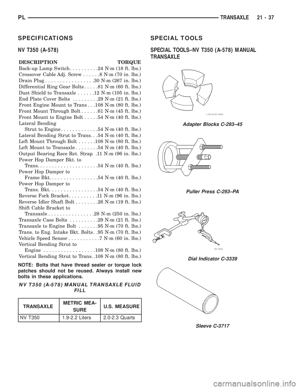 DODGE NEON 1999 Service Repair Manual SPECIFICATIONS
NV T350 (A-578)
DESCRIPTION TORQUE
Back-up Lamp Switch..........24N´m(18ft.lbs.)
Crossover Cable Adj. Screw......8N´m(70in.lbs.)
Drain Plug.................30N´m(267 in. lbs.)
Differ DODGE NEON 1999 Service Repair Manual SPECIFICATIONS
NV T350 (A-578)
DESCRIPTION TORQUE
Back-up Lamp Switch..........24N´m(18ft.lbs.)
Crossover Cable Adj. Screw......8N´m(70in.lbs.)
Drain Plug.................30N´m(267 in. lbs.)
Differ
