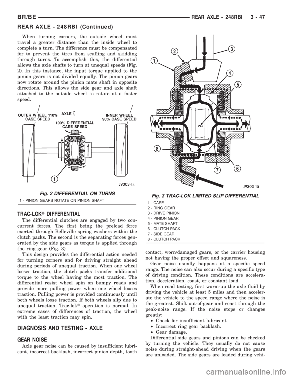 DODGE RAM 2002 Service Repair Manual When turning corners, the outside wheel must
travel a greater distance than the inside wheel to
complete a turn. The difference must be compensated
for to prevent the tires from scuffing and skidding
DODGE RAM 2002 Service Repair Manual When turning corners, the outside wheel must
travel a greater distance than the inside wheel to
complete a turn. The difference must be compensated
for to prevent the tires from scuffing and skidding