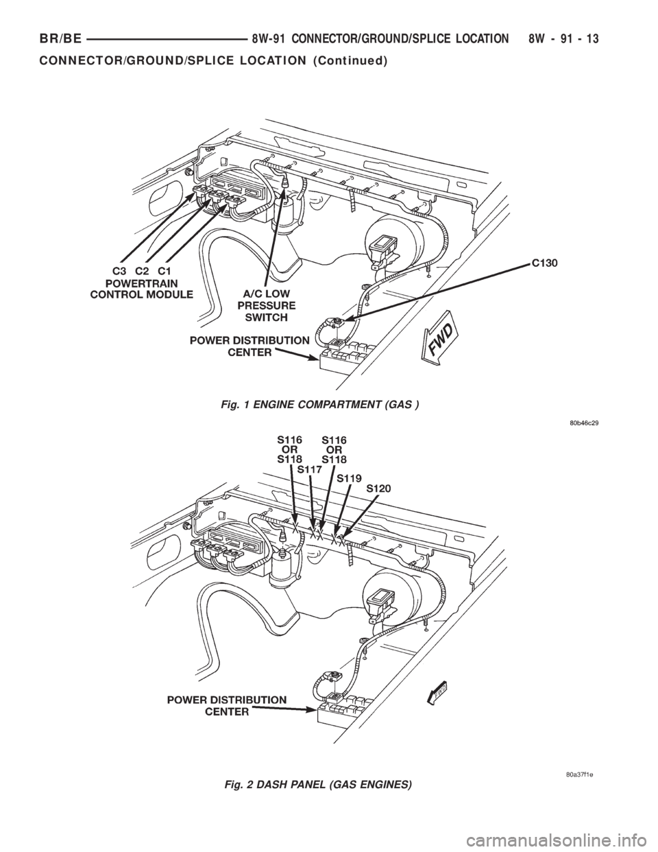 DODGE RAM 2002 Service Repair Manual Fig. 1 ENGINE COMPARTMENT (GAS )
Fig. 2 DASH PANEL (GAS ENGINES)
BR/BE8W-91 CONNECTOR/GROUND/SPLICE LOCATION 8W - 91 - 13
CONNECTOR/GROUND/SPLICE LOCATION (Continued) DODGE RAM 2002 Service Repair Manual Fig. 1 ENGINE COMPARTMENT (GAS )
Fig. 2 DASH PANEL (GAS ENGINES)
BR/BE8W-91 CONNECTOR/GROUND/SPLICE LOCATION 8W - 91 - 13
CONNECTOR/GROUND/SPLICE LOCATION (Continued)