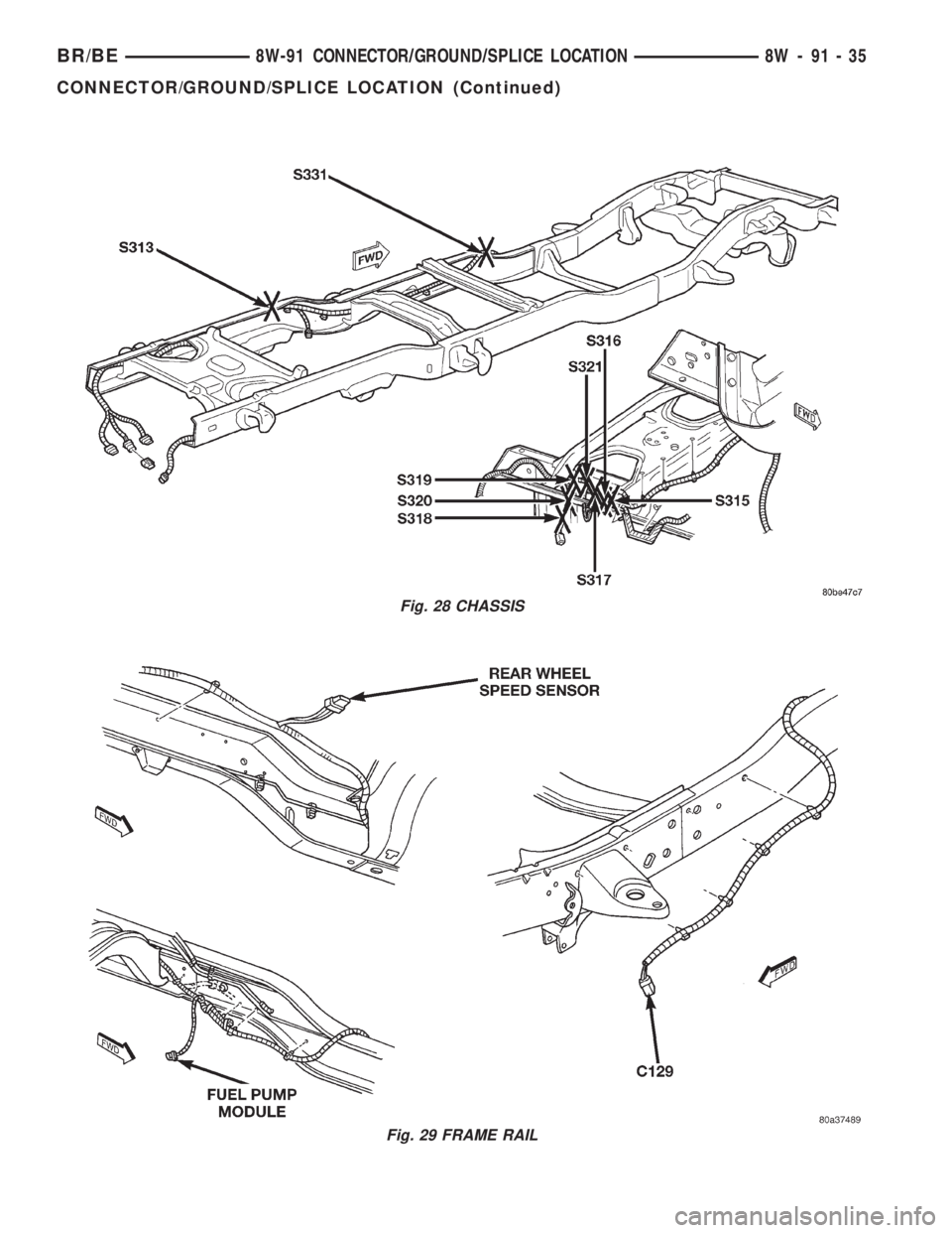 DODGE RAM 2002  Service Repair Manual Fig. 28 CHASSIS
Fig. 29 FRAME RAIL
BR/BE8W-91 CONNECTOR/GROUND/SPLICE LOCATION 8W - 91 - 35
CONNECTOR/GROUND/SPLICE LOCATION (Continued) 