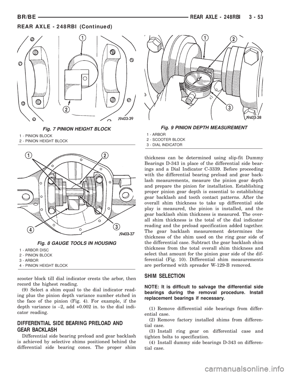DODGE RAM 2002 Service Repair Manual scooter block till dial indicator crests the arbor, then
record the highest reading.
(9) Select a shim equal to the dial indicator read-
ing plus the pinion depth variance number etched in
the face of DODGE RAM 2002 Service Repair Manual scooter block till dial indicator crests the arbor, then
record the highest reading.
(9) Select a shim equal to the dial indicator read-
ing plus the pinion depth variance number etched in
the face of
