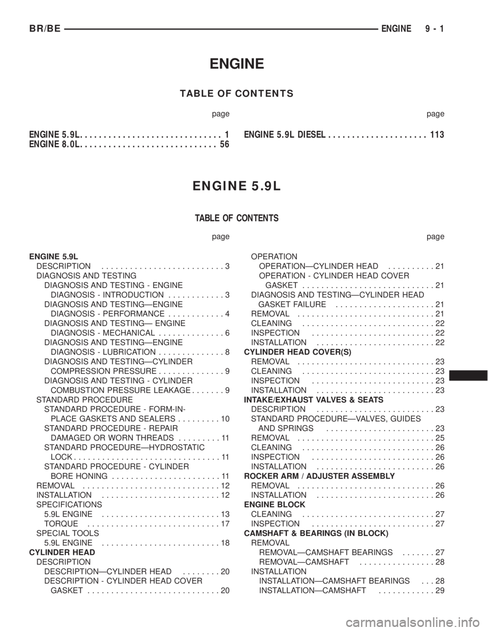 DODGE RAM 2002  Service Repair Manual ENGINE
TABLE OF CONTENTS
page page
ENGINE 5.9L.............................. 1
ENGINE 8.0L............................. 56ENGINE 5.9L DIESEL..................... 113
ENGINE 5.9L
TABLE OF CONTENTS
page