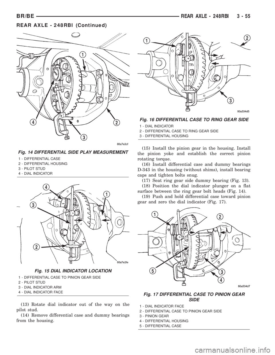 DODGE RAM 2002 Service Repair Manual (13) Rotate dial indicator out of the way on the
pilot stud.
(14) Remove differential case and dummy bearings
from the housing.(15) Install the pinion gear in the housing. Install
the pinion yoke and DODGE RAM 2002 Service Repair Manual (13) Rotate dial indicator out of the way on the
pilot stud.
(14) Remove differential case and dummy bearings
from the housing.(15) Install the pinion gear in the housing. Install
the pinion yoke and