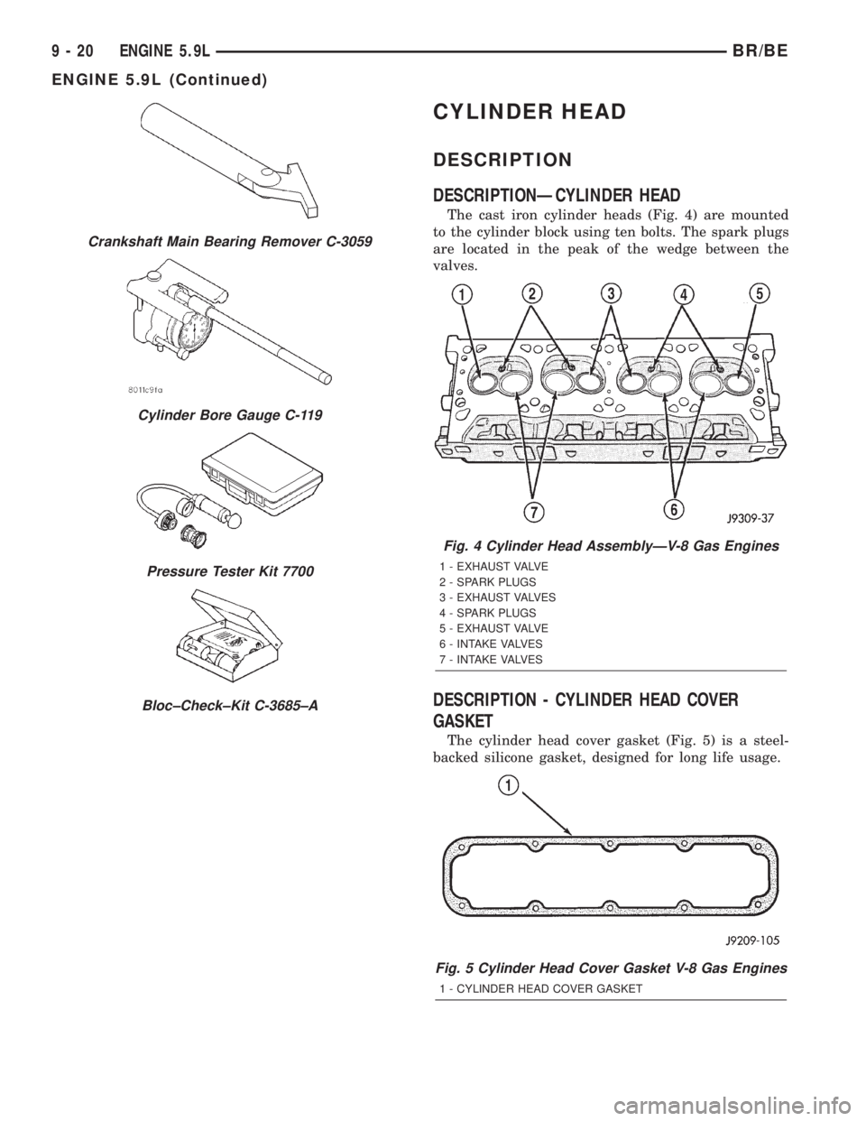 DODGE RAM 2002  Service Repair Manual CYLINDER HEAD
DESCRIPTION
DESCRIPTIONÐCYLINDER HEAD
The cast iron cylinder heads (Fig. 4) are mounted
to the cylinder block using ten bolts. The spark plugs
are located in the peak of the wedge betwe