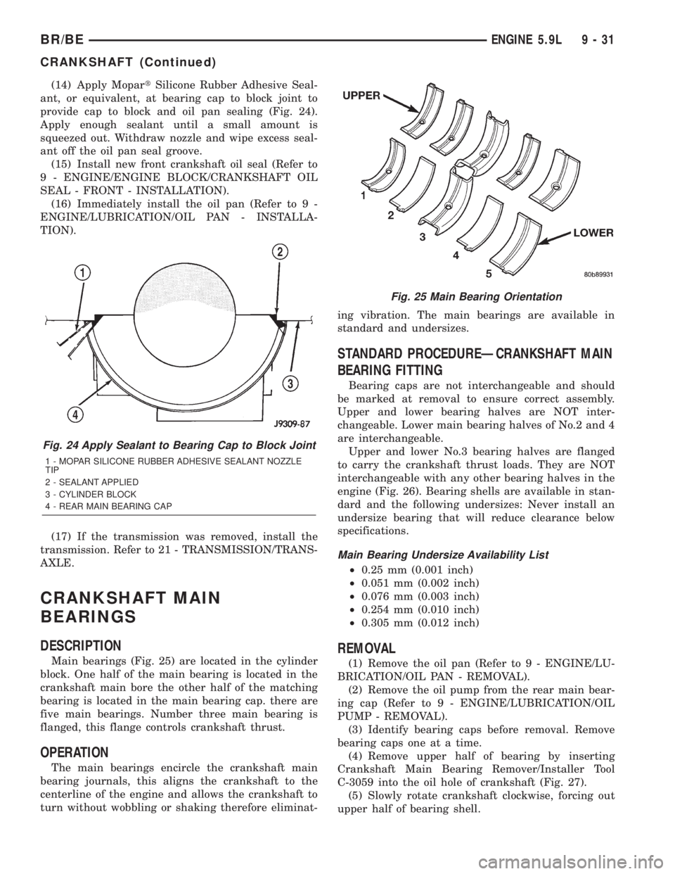 DODGE RAM 2002 Service Repair Manual (14) Apply MopartSilicone Rubber Adhesive Seal-
ant, or equivalent, at bearing cap to block joint to
provide cap to block and oil pan sealing (Fig. 24).
Apply enough sealant until a small amount is
sq DODGE RAM 2002 Service Repair Manual (14) Apply MopartSilicone Rubber Adhesive Seal-
ant, or equivalent, at bearing cap to block joint to
provide cap to block and oil pan sealing (Fig. 24).
Apply enough sealant until a small amount is
sq