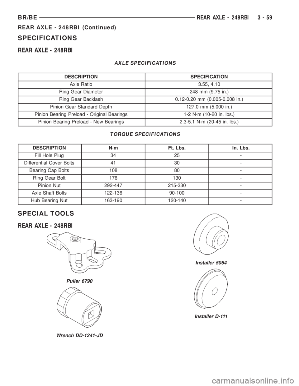DODGE RAM 2002 Service Repair Manual SPECIFICATIONS
REAR AXLE - 248RBI
AXLE SPECIFICATIONS
DESCRIPTION SPECIFICATION
Axle Ratio 3.55, 4.10
Ring Gear Diameter 248 mm (9.75 in.)
Ring Gear Backlash 0.12-0.20 mm (0.005-0.008 in.)
Pinion Gear DODGE RAM 2002 Service Repair Manual SPECIFICATIONS
REAR AXLE - 248RBI
AXLE SPECIFICATIONS
DESCRIPTION SPECIFICATION
Axle Ratio 3.55, 4.10
Ring Gear Diameter 248 mm (9.75 in.)
Ring Gear Backlash 0.12-0.20 mm (0.005-0.008 in.)
Pinion Gear
