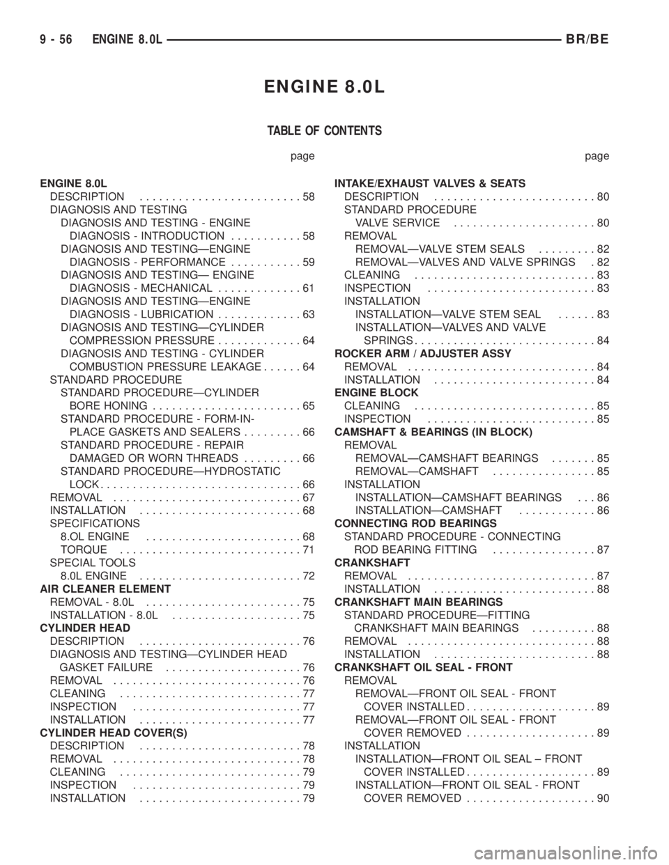DODGE RAM 2002  Service Repair Manual ENGINE 8.0L
TABLE OF CONTENTS
page page
ENGINE 8.0L
DESCRIPTION.........................58
DIAGNOSIS AND TESTING
DIAGNOSIS AND TESTING - ENGINE
DIAGNOSIS - INTRODUCTION...........58
DIAGNOSIS AND TEST