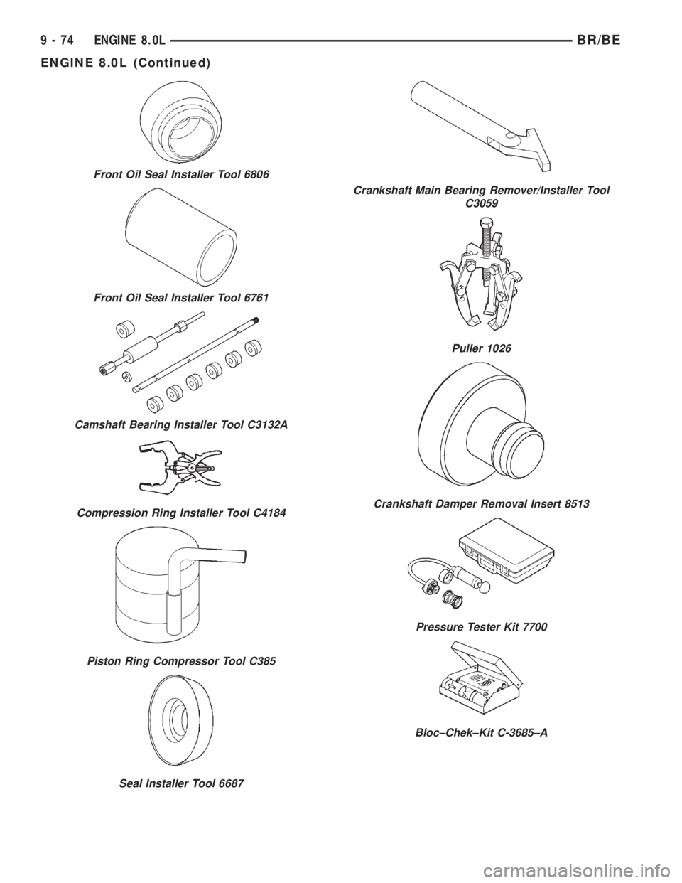 DODGE RAM 2002  Service Repair Manual Front Oil Seal Installer Tool 6806
Front Oil Seal Installer Tool 6761
Camshaft Bearing Installer Tool C3132A
Compression Ring Installer Tool C4184
Piston Ring Compressor Tool C385
Seal Installer Tool 