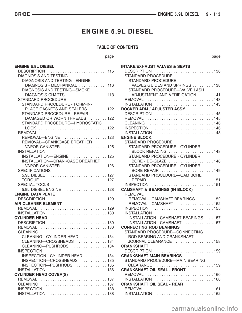 DODGE RAM 2002  Service Repair Manual ENGINE 5.9L DIESEL
TABLE OF CONTENTS
page page
ENGINE 5.9L DIESEL
DESCRIPTION........................115
DIAGNOSIS AND TESTING
DIAGNOSIS AND TESTINGÐENGINE
DIAGNOSIS - MECHANICAL............116
DIAGN