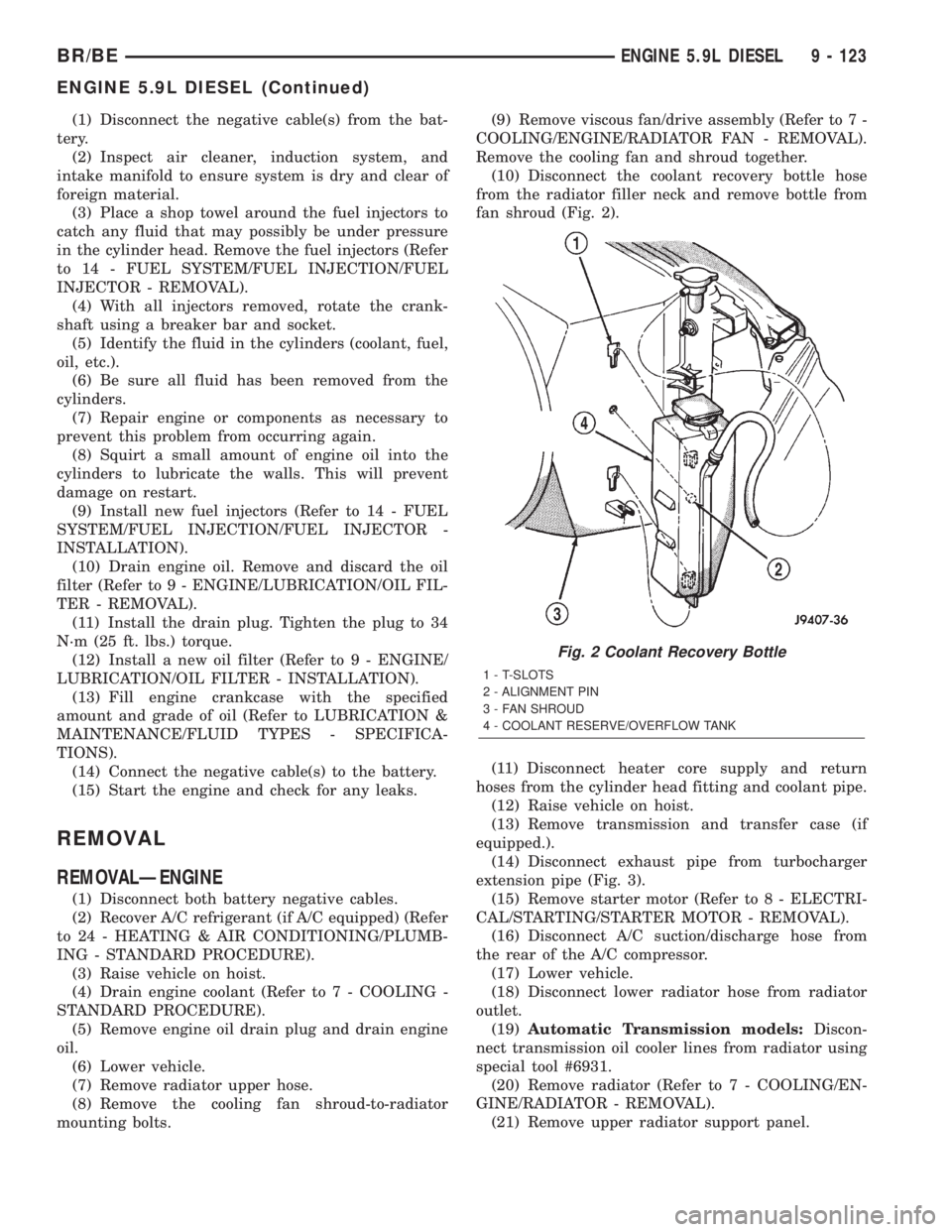 DODGE RAM 2002 Service Repair Manual (1) Disconnect the negative cable(s) from the bat-
tery.
(2) Inspect air cleaner, induction system, and
intake manifold to ensure system is dry and clear of
foreign material.
(3) Place a shop towel ar DODGE RAM 2002 Service Repair Manual (1) Disconnect the negative cable(s) from the bat-
tery.
(2) Inspect air cleaner, induction system, and
intake manifold to ensure system is dry and clear of
foreign material.
(3) Place a shop towel ar