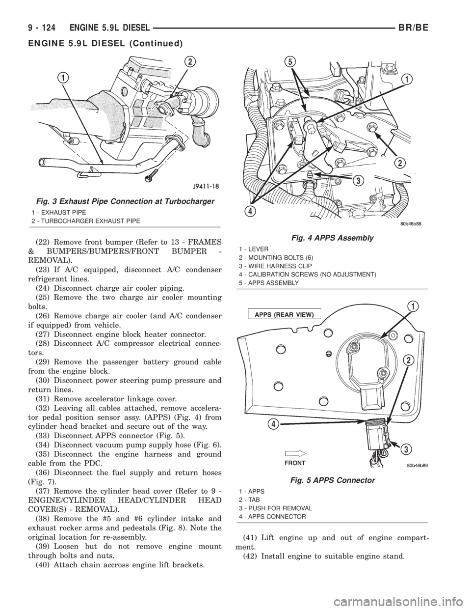 DODGE RAM 2002 Service Repair Manual (22) Remove front bumper (Refer to 13 - FRAMES
& BUMPERS/BUMPERS/FRONT BUMPER -
REMOVAL).
(23) If A/C equipped, disconnect A/C condenser
refrigerant lines.
(24) Disconnect charge air cooler piping.
(2 DODGE RAM 2002 Service Repair Manual (22) Remove front bumper (Refer to 13 - FRAMES
& BUMPERS/BUMPERS/FRONT BUMPER -
REMOVAL).
(23) If A/C equipped, disconnect A/C condenser
refrigerant lines.
(24) Disconnect charge air cooler piping.
(2
