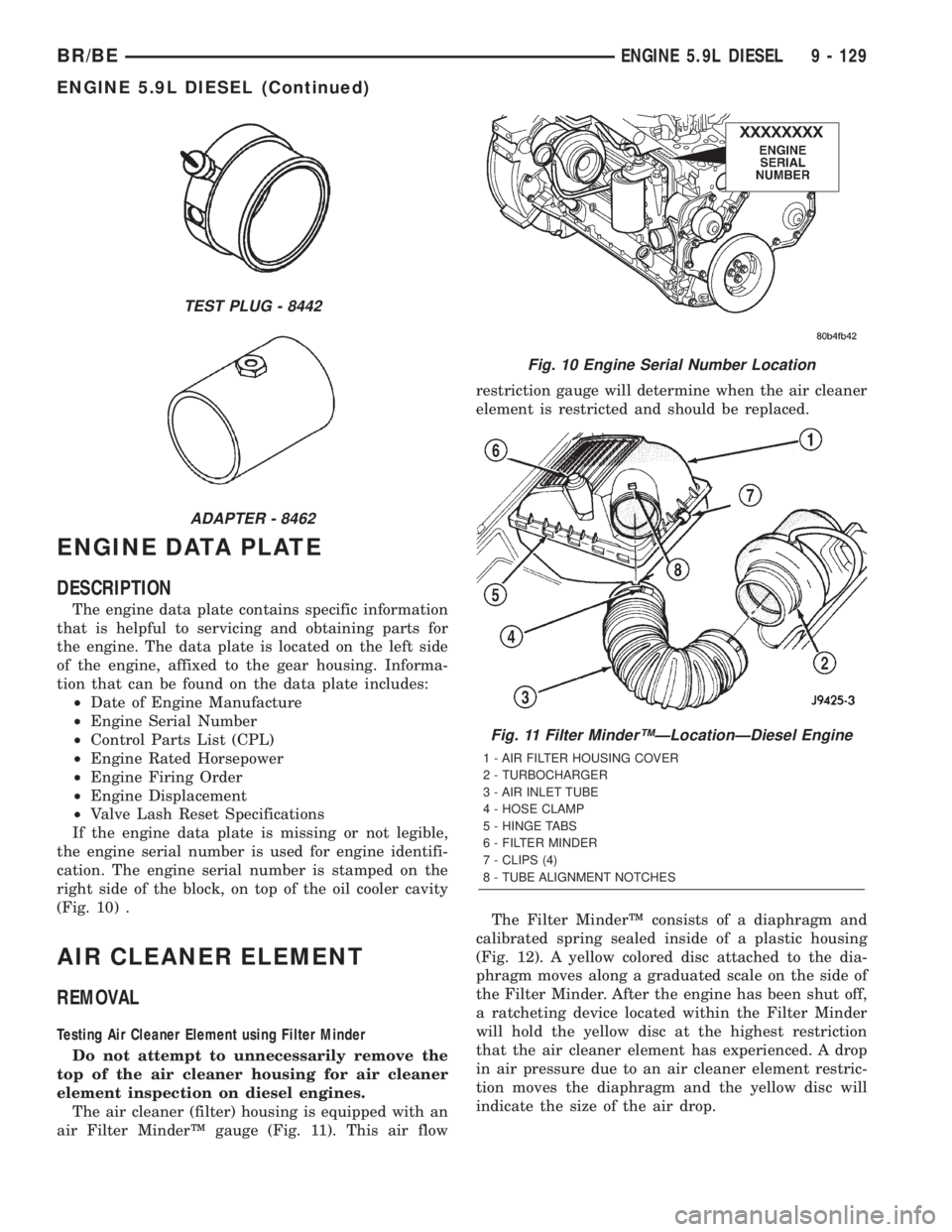 DODGE RAM 2002  Service Repair Manual ENGINE DATA PLATE
DESCRIPTION
The engine data plate contains specific information
that is helpful to servicing and obtaining parts for
the engine. The data plate is located on the left side
of the eng
