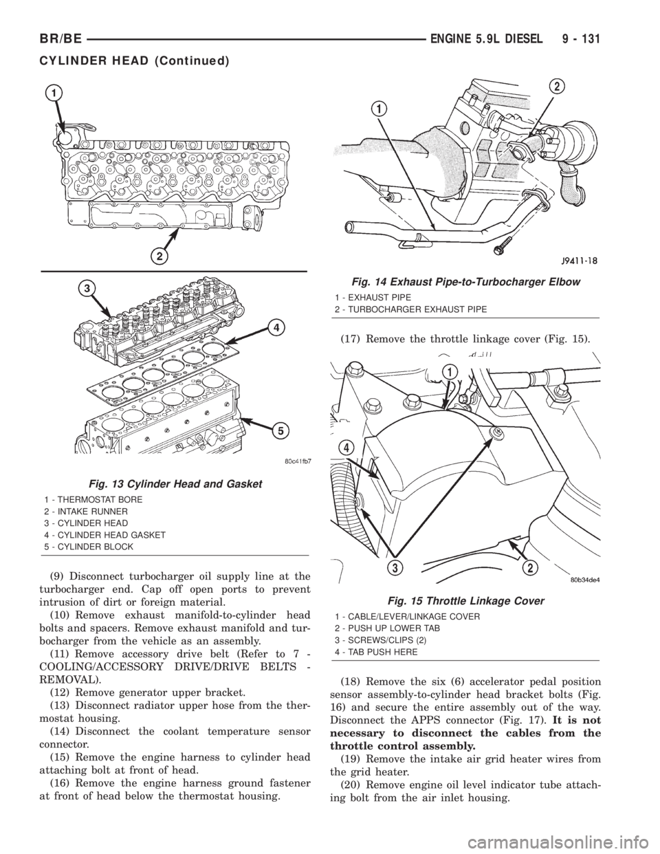 DODGE RAM 2002  Service Repair Manual (9) Disconnect turbocharger oil supply line at the
turbocharger end. Cap off open ports to prevent
intrusion of dirt or foreign material.
(10) Remove exhaust manifold-to-cylinder head
bolts and spacer