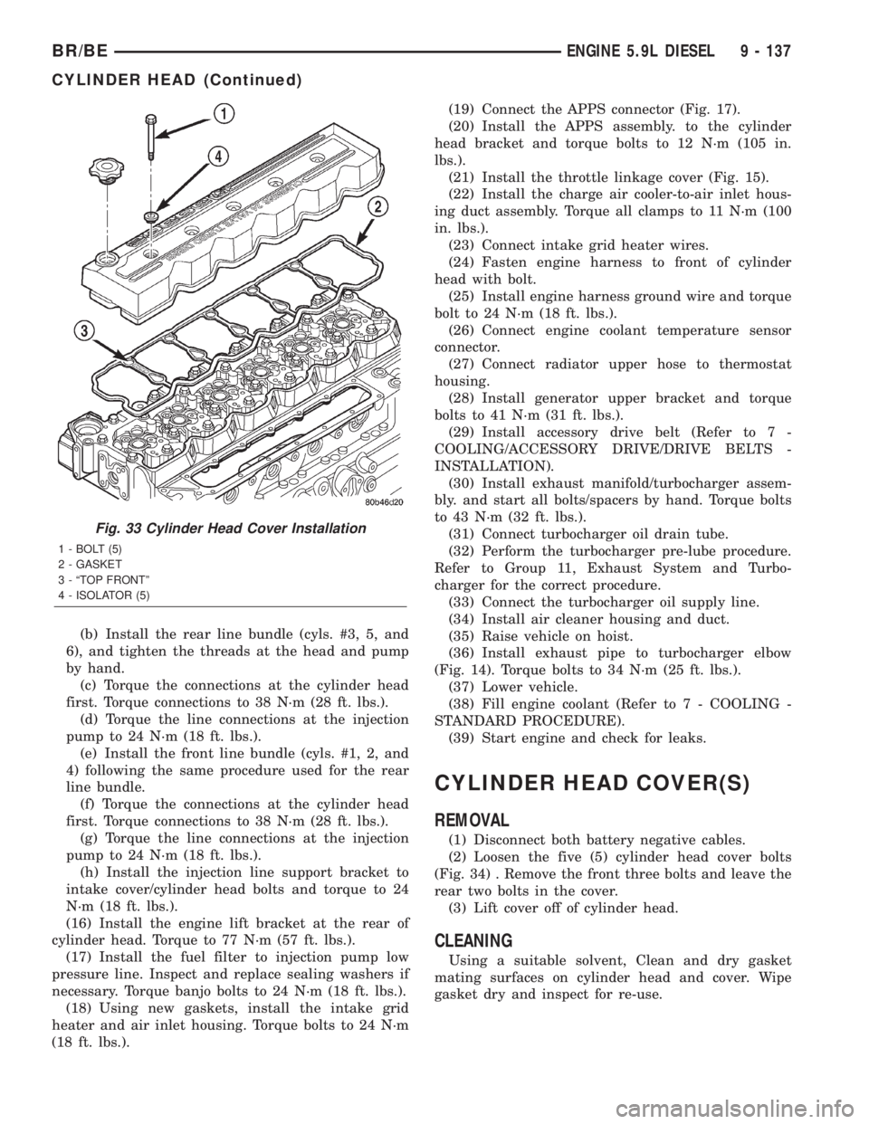DODGE RAM 2002 Service Repair Manual (b) Install the rear line bundle (cyls. #3, 5, and
6), and tighten the threads at the head and pump
by hand.
(c) Torque the connections at the cylinder head
first. Torque connections to 38 N´m (28 ft DODGE RAM 2002 Service Repair Manual (b) Install the rear line bundle (cyls. #3, 5, and
6), and tighten the threads at the head and pump
by hand.
(c) Torque the connections at the cylinder head
first. Torque connections to 38 N´m (28 ft