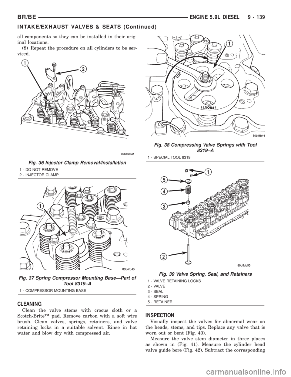 DODGE RAM 2002  Service Repair Manual all components so they can be installed in their orig-
inal locations.
(8) Repeat the procedure on all cylinders to be ser-
viced.
CLEANING
Clean the valve stems with crocus cloth or a
Scotch-BriteŸ 