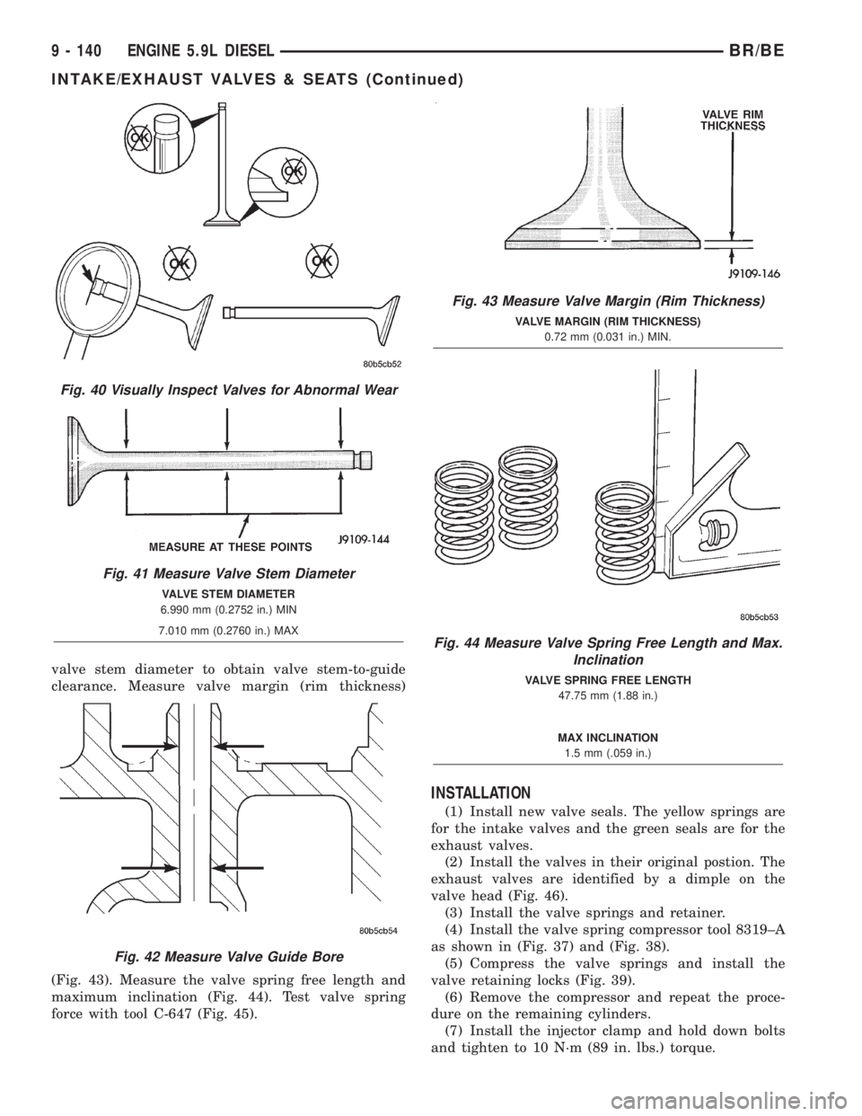 DODGE RAM 2002  Service Repair Manual valve stem diameter to obtain valve stem-to-guide
clearance. Measure valve margin (rim thickness)
(Fig. 43). Measure the valve spring free length and
maximum inclination (Fig. 44). Test valve spring
f