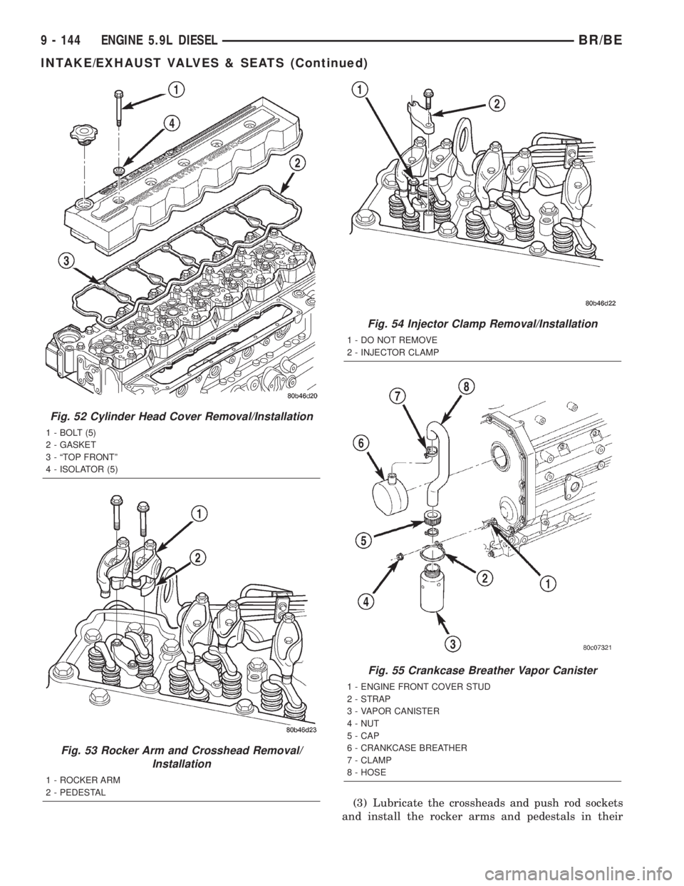 DODGE RAM 2002  Service Repair Manual (3) Lubricate the crossheads and push rod sockets
and install the rocker arms and pedestals in their
Fig. 52 Cylinder Head Cover Removal/Installation
1 - BOLT (5)
2 - GASKET
3 - ªTOP FRONTº
4 - ISOL