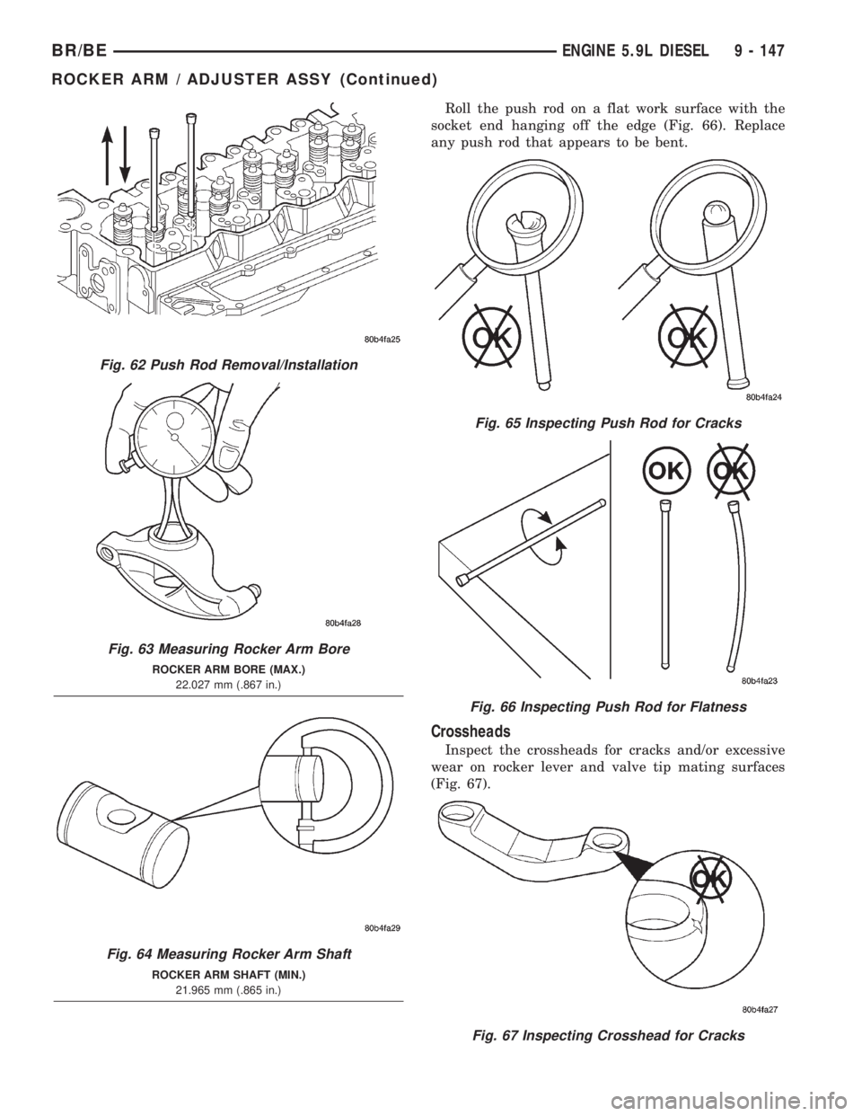 DODGE RAM 2002 Service Repair Manual Roll the push rod on a flat work surface with the
socket end hanging off the edge (Fig. 66). Replace
any push rod that appears to be bent.
Crossheads
Inspect the crossheads for cracks and/or excessive DODGE RAM 2002 Service Repair Manual Roll the push rod on a flat work surface with the
socket end hanging off the edge (Fig. 66). Replace
any push rod that appears to be bent.
Crossheads
Inspect the crossheads for cracks and/or excessive