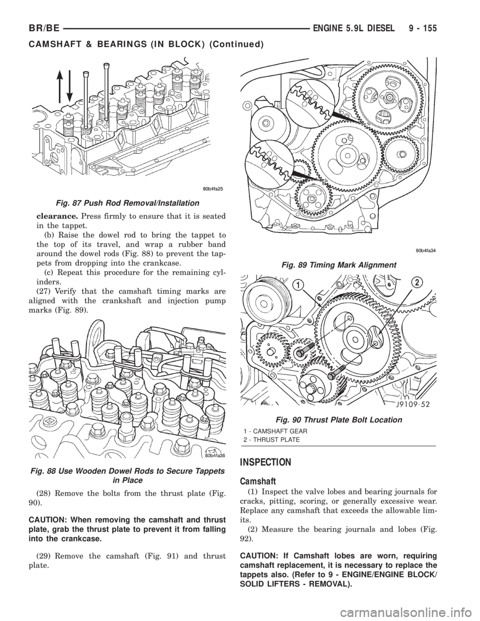DODGE RAM 2002 Service Repair Manual clearance.Press firmly to ensure that it is seated
in the tappet.
(b) Raise the dowel rod to bring the tappet to
the top of its travel, and wrap a rubber band
around the dowel rods (Fig. 88) to preven DODGE RAM 2002 Service Repair Manual clearance.Press firmly to ensure that it is seated
in the tappet.
(b) Raise the dowel rod to bring the tappet to
the top of its travel, and wrap a rubber band
around the dowel rods (Fig. 88) to preven