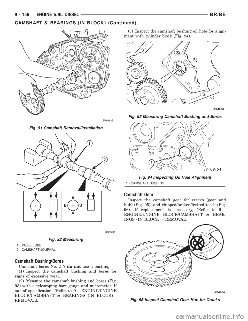 DODGE RAM 2002 Service Repair Manual Camshaft Bushing/Bores
Camshaft bores No. 2±7do notuse a bushing.
(1) Inspect the camshaft bushing and bores for
signs of excessive wear.
(2) Measure the camshaft bushing and bores (Fig.
93) with a t DODGE RAM 2002 Service Repair Manual Camshaft Bushing/Bores
Camshaft bores No. 2±7do notuse a bushing.
(1) Inspect the camshaft bushing and bores for
signs of excessive wear.
(2) Measure the camshaft bushing and bores (Fig.
93) with a t