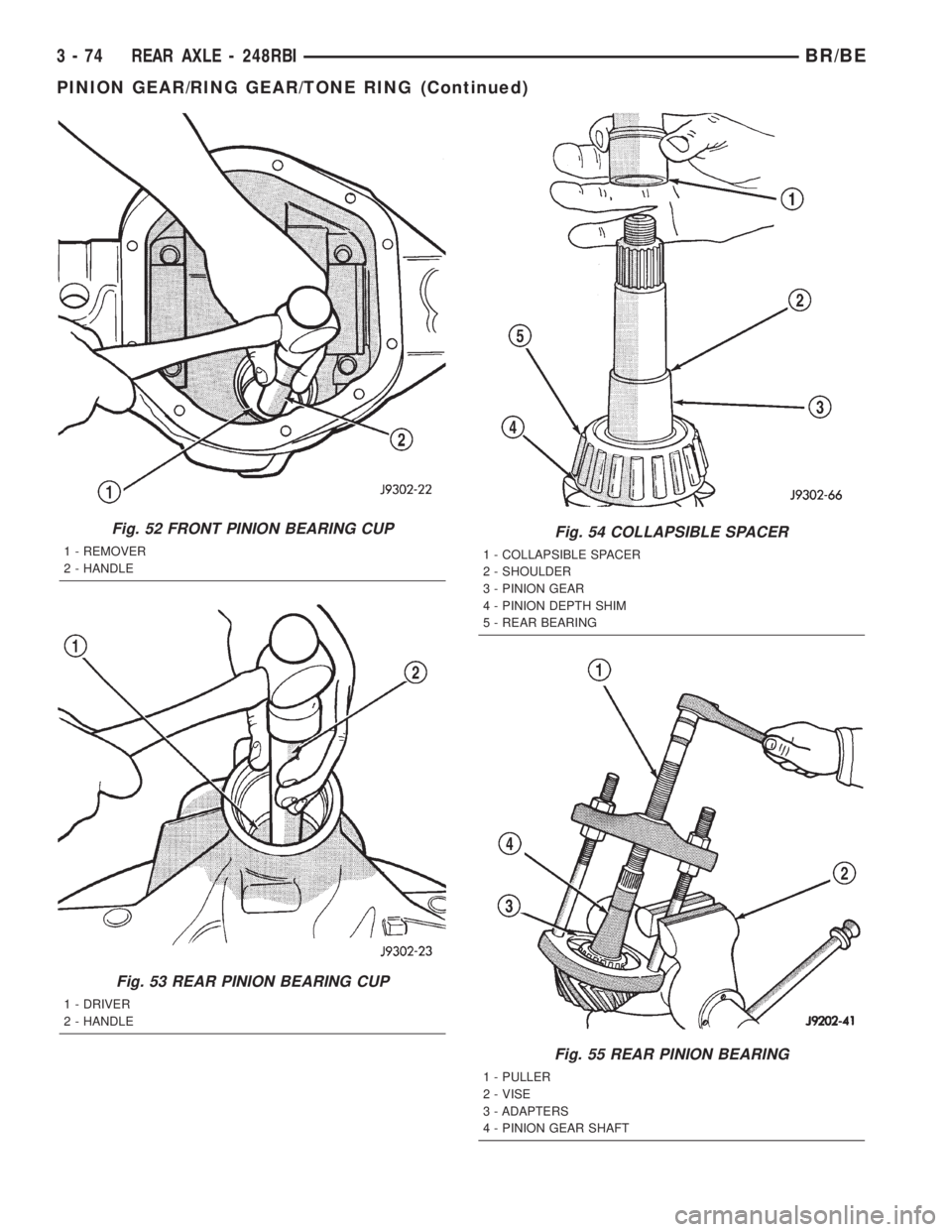 DODGE RAM 2002 Service Repair Manual Fig. 52 FRONT PINION BEARING CUP
1 - REMOVER
2 - HANDLE
Fig. 53 REAR PINION BEARING CUP
1 - DRIVER
2 - HANDLE
Fig. 54 COLLAPSIBLE SPACER
1 - COLLAPSIBLE SPACER
2 - SHOULDER
3 - PINION GEAR
4 - PINION DODGE RAM 2002 Service Repair Manual Fig. 52 FRONT PINION BEARING CUP
1 - REMOVER
2 - HANDLE
Fig. 53 REAR PINION BEARING CUP
1 - DRIVER
2 - HANDLE
Fig. 54 COLLAPSIBLE SPACER
1 - COLLAPSIBLE SPACER
2 - SHOULDER
3 - PINION GEAR
4 - PINION