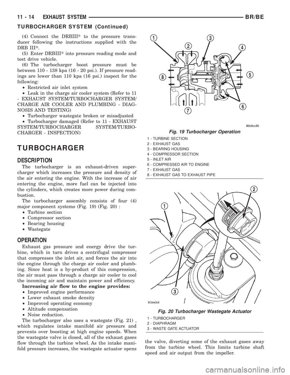 DODGE RAM 2002 Service Repair Manual (4) Connect the DRBIIItto the pressure trans-
ducer following the instructions supplied with the
DRB IIIt.
(5) Enter DRBIIItinto pressure reading mode and
test drive vehicle.
(6) The turbocharger boos DODGE RAM 2002 Service Repair Manual (4) Connect the DRBIIItto the pressure trans-
ducer following the instructions supplied with the
DRB IIIt.
(5) Enter DRBIIItinto pressure reading mode and
test drive vehicle.
(6) The turbocharger boos