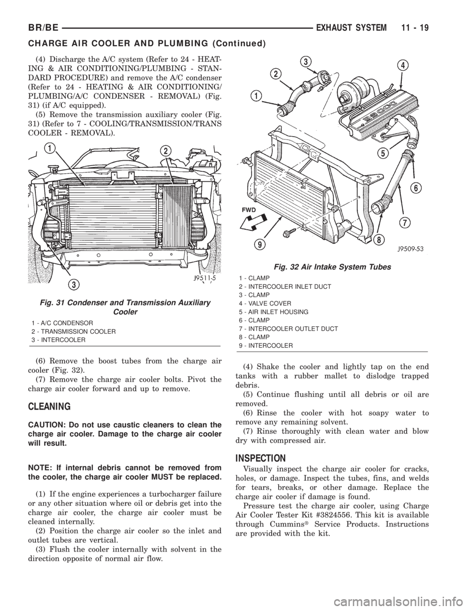 DODGE RAM 2002 Service Repair Manual (4) Discharge the A/C system (Refer to 24 - HEAT-
ING & AIR CONDITIONING/PLUMBING - STAN-
DARD PROCEDURE) and remove the A/C condenser
(Refer to 24 - HEATING & AIR CONDITIONING/
PLUMBING/A/C CONDENSER DODGE RAM 2002 Service Repair Manual (4) Discharge the A/C system (Refer to 24 - HEAT-
ING & AIR CONDITIONING/PLUMBING - STAN-
DARD PROCEDURE) and remove the A/C condenser
(Refer to 24 - HEATING & AIR CONDITIONING/
PLUMBING/A/C CONDENSER