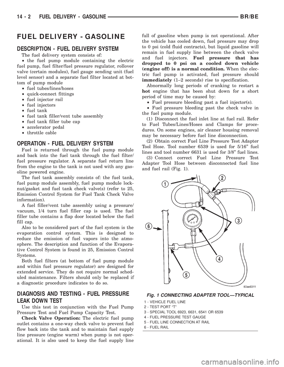 DODGE RAM 2002 Service Repair Manual FUEL DELIVERY - GASOLINE
DESCRIPTION - FUEL DELIVERY SYSTEM
The fuel delivery system consists of:
²the fuel pump module containing the electric
fuel pump, fuel filter/fuel pressure regulator, rollove DODGE RAM 2002 Service Repair Manual FUEL DELIVERY - GASOLINE
DESCRIPTION - FUEL DELIVERY SYSTEM
The fuel delivery system consists of:
²the fuel pump module containing the electric
fuel pump, fuel filter/fuel pressure regulator, rollove
