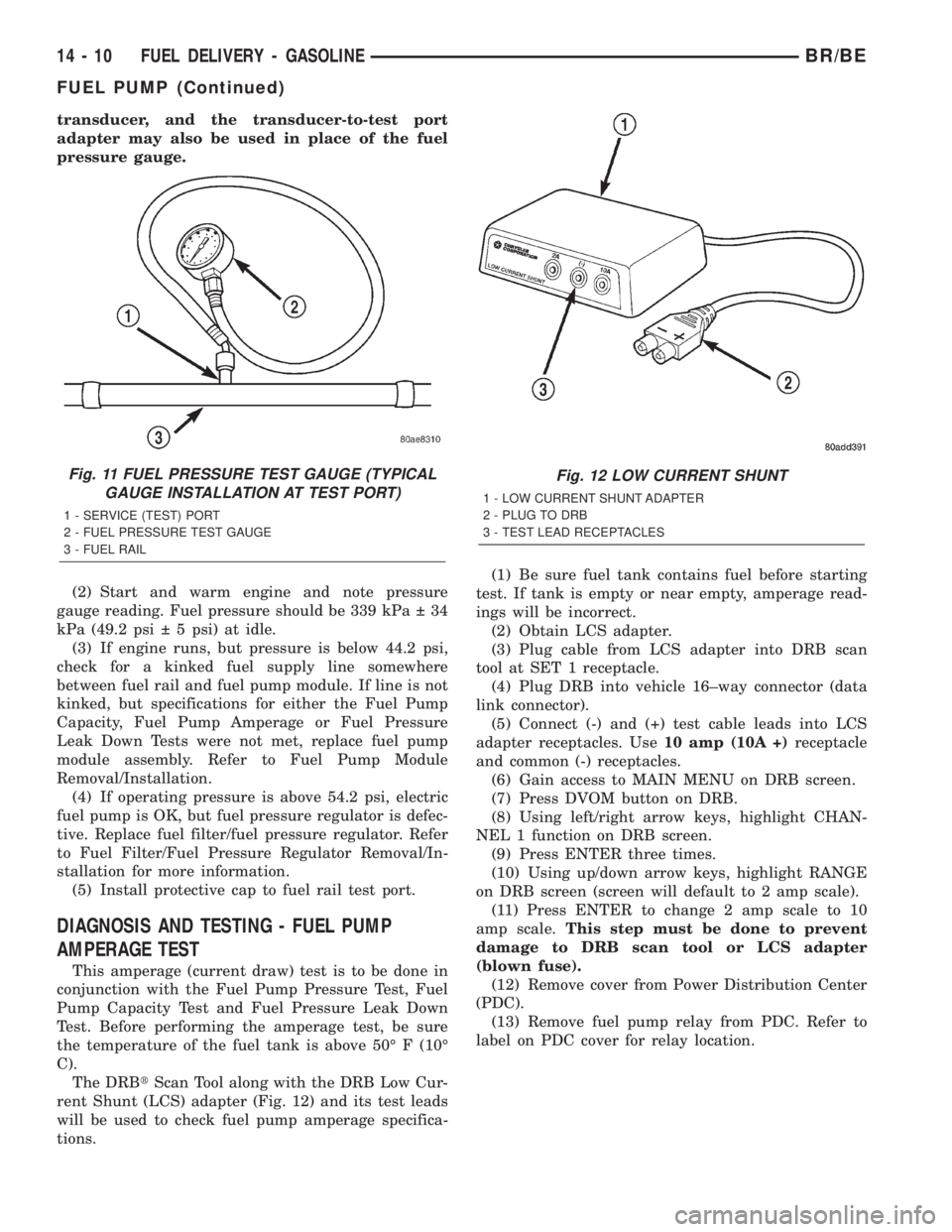 DODGE RAM 2002 Service Repair Manual transducer, and the transducer-to-test port
adapter may also be used in place of the fuel
pressure gauge.
(2) Start and warm engine and note pressure
gauge reading. Fuel pressure should be 339 kPa DODGE RAM 2002 Service Repair Manual transducer, and the transducer-to-test port
adapter may also be used in place of the fuel
pressure gauge.
(2) Start and warm engine and note pressure
gauge reading. Fuel pressure should be 339 kPa