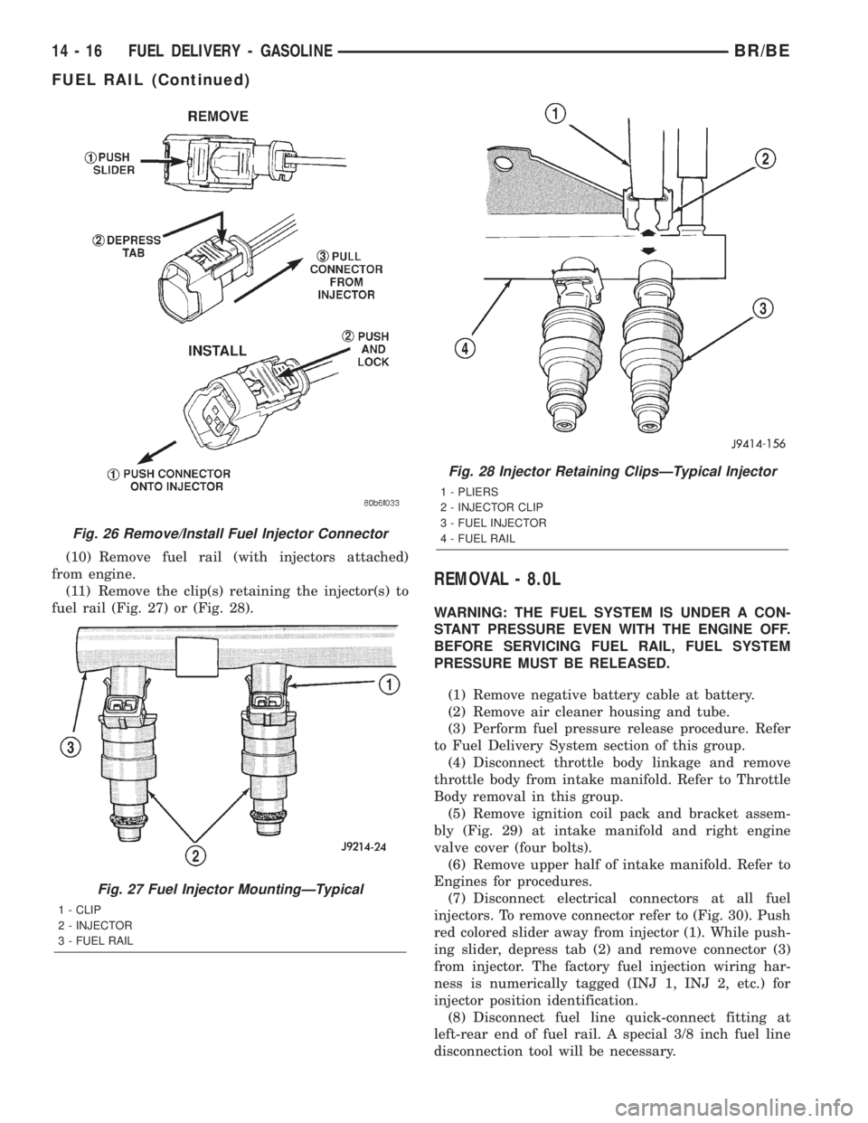 DODGE RAM 2002 Service Repair Manual (10) Remove fuel rail (with injectors attached)
from engine.
(11) Remove the clip(s) retaining the injector(s) to
fuel rail (Fig. 27) or (Fig. 28).
REMOVAL - 8.0L
WARNING: THE FUEL SYSTEM IS UNDER A C DODGE RAM 2002 Service Repair Manual (10) Remove fuel rail (with injectors attached)
from engine.
(11) Remove the clip(s) retaining the injector(s) to
fuel rail (Fig. 27) or (Fig. 28).
REMOVAL - 8.0L
WARNING: THE FUEL SYSTEM IS UNDER A C