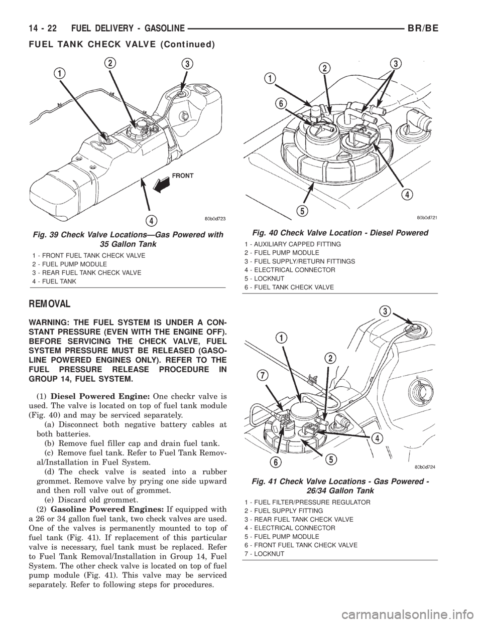 DODGE RAM 2002 Service Repair Manual REMOVAL
WARNING: THE FUEL SYSTEM IS UNDER A CON-
STANT PRESSURE (EVEN WITH THE ENGINE OFF).
BEFORE SERVICING THE CHECK VALVE, FUEL
SYSTEM PRESSURE MUST BE RELEASED (GASO-
LINE POWERED ENGINES ONLY). R DODGE RAM 2002 Service Repair Manual REMOVAL
WARNING: THE FUEL SYSTEM IS UNDER A CON-
STANT PRESSURE (EVEN WITH THE ENGINE OFF).
BEFORE SERVICING THE CHECK VALVE, FUEL
SYSTEM PRESSURE MUST BE RELEASED (GASO-
LINE POWERED ENGINES ONLY). R