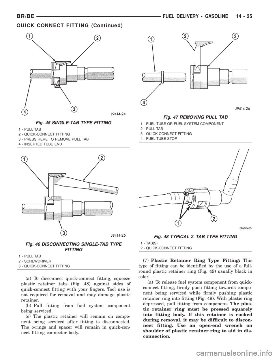 DODGE RAM 2002 Service Repair Manual (a) To disconnect quick-connect fitting, squeeze
plastic retainer tabs (Fig. 48) against sides of
quick-connect fitting with your fingers. Tool use is
not required for removal and may damage plastic
r DODGE RAM 2002 Service Repair Manual (a) To disconnect quick-connect fitting, squeeze
plastic retainer tabs (Fig. 48) against sides of
quick-connect fitting with your fingers. Tool use is
not required for removal and may damage plastic
r