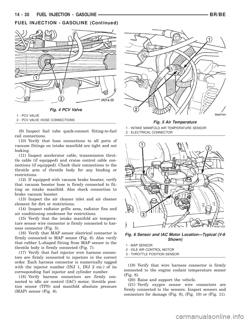 DODGE RAM 2002 Service Repair Manual (9) Inspect fuel tube quick-connect fitting-to-fuel
rail connections.
(10) Verify that hose connections to all ports of
vacuum fittings on intake manifold are tight and not
leaking.
(11) Inspect accel DODGE RAM 2002 Service Repair Manual (9) Inspect fuel tube quick-connect fitting-to-fuel
rail connections.
(10) Verify that hose connections to all ports of
vacuum fittings on intake manifold are tight and not
leaking.
(11) Inspect accel
