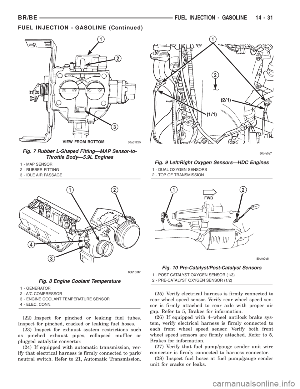 DODGE RAM 2002 Service Repair Manual (22) Inspect for pinched or leaking fuel tubes.
Inspect for pinched, cracked or leaking fuel hoses.
(23) Inspect for exhaust system restrictions such
as pinched exhaust pipes, collapsed muffler or
plu DODGE RAM 2002 Service Repair Manual (22) Inspect for pinched or leaking fuel tubes.
Inspect for pinched, cracked or leaking fuel hoses.
(23) Inspect for exhaust system restrictions such
as pinched exhaust pipes, collapsed muffler or
plu