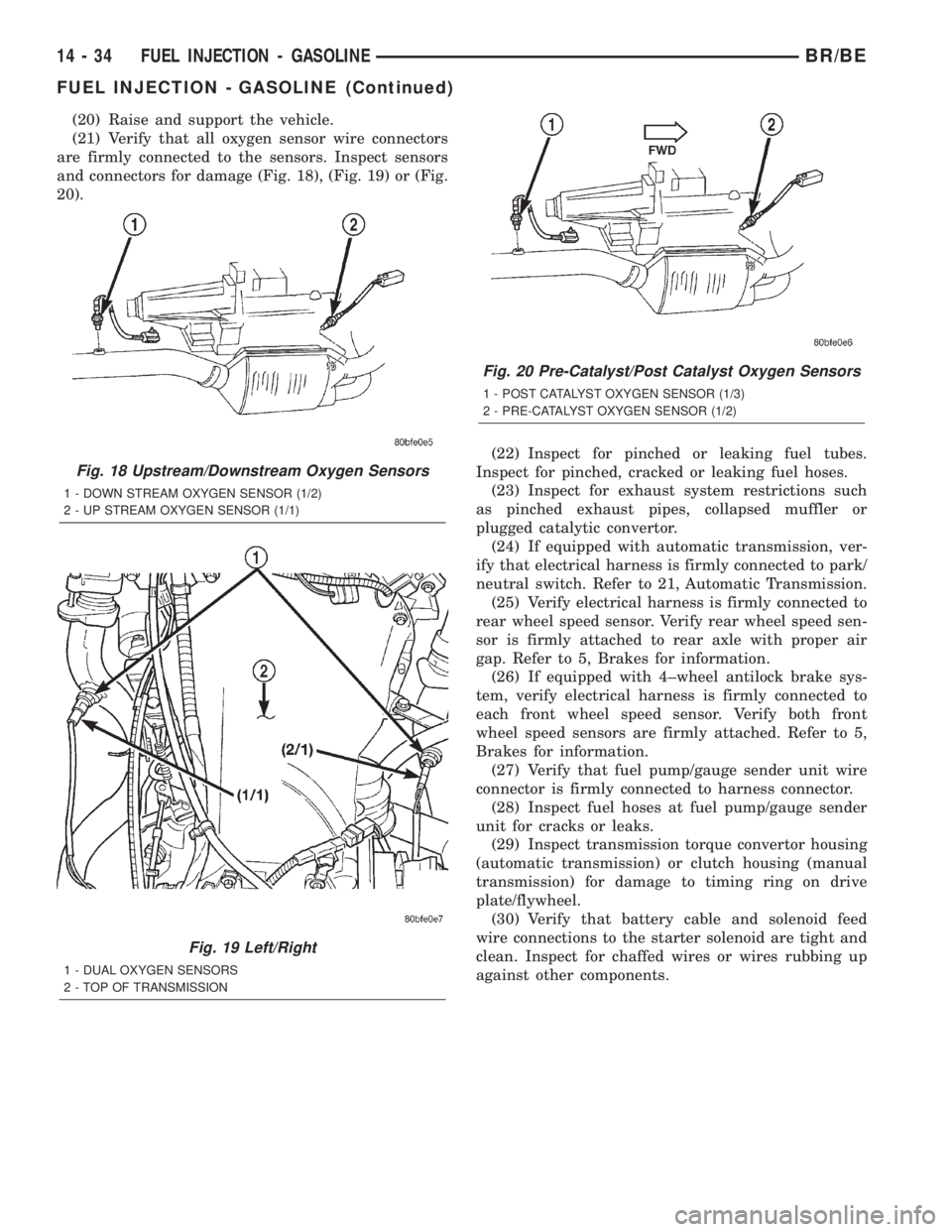 DODGE RAM 2002 Service Repair Manual (20) Raise and support the vehicle.
(21) Verify that all oxygen sensor wire connectors
are firmly connected to the sensors. Inspect sensors
and connectors for damage (Fig. 18), (Fig. 19) or (Fig.
20). DODGE RAM 2002 Service Repair Manual (20) Raise and support the vehicle.
(21) Verify that all oxygen sensor wire connectors
are firmly connected to the sensors. Inspect sensors
and connectors for damage (Fig. 18), (Fig. 19) or (Fig.
20).