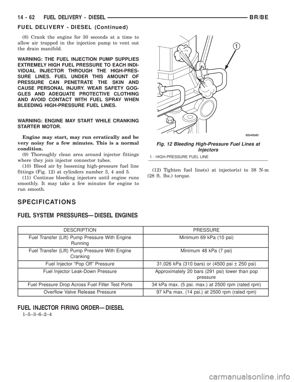 DODGE RAM 2002  Service Repair Manual (8) Crank the engine for 30 seconds at a time to
allow air trapped in the injection pump to vent out
the drain manifold.
WARNING: THE FUEL INJECTION PUMP SUPPLIES
EXTREMELY HIGH FUEL PRESSURE TO EACH 