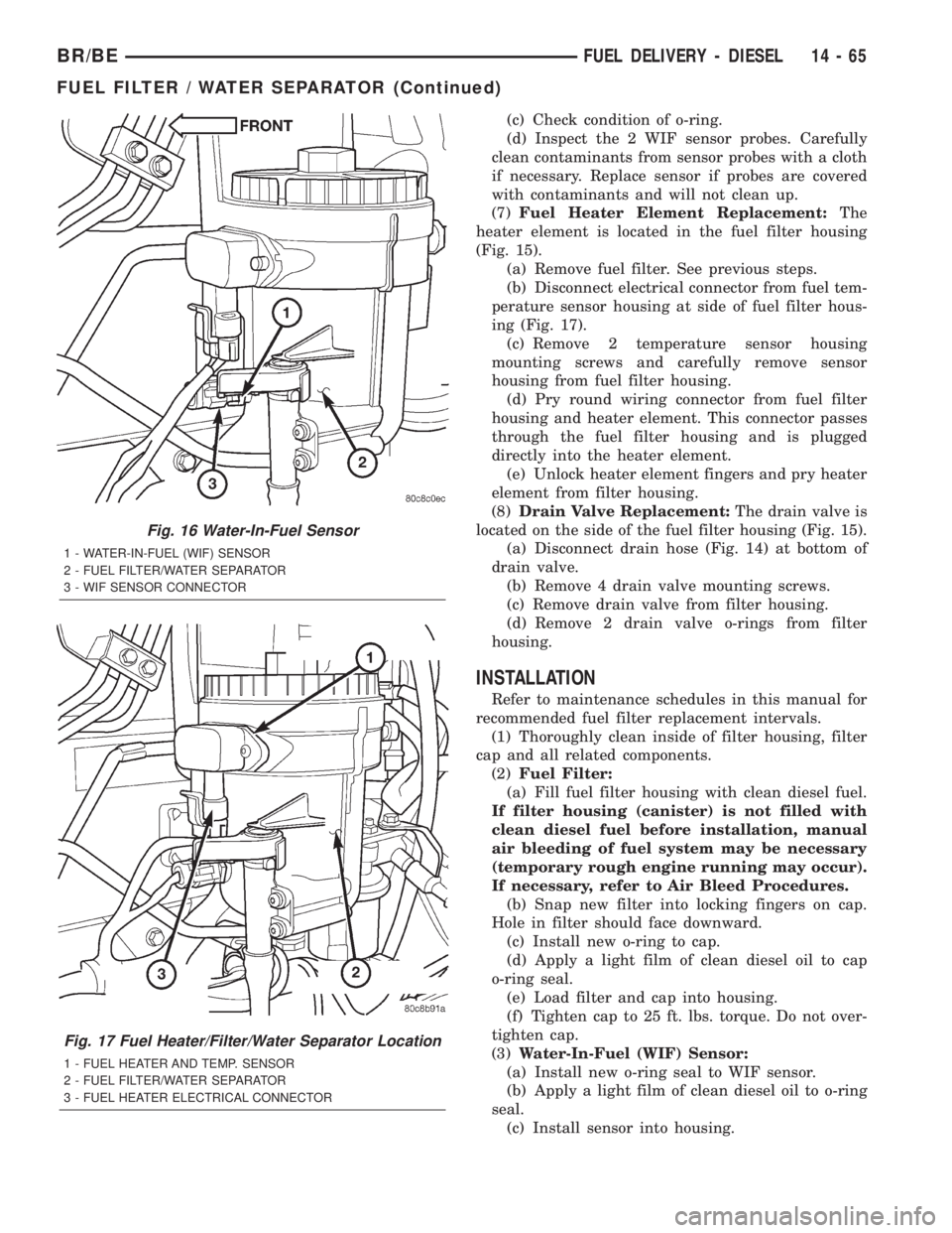 DODGE RAM 2002  Service Repair Manual (c) Check condition of o-ring.
(d) Inspect the 2 WIF sensor probes. Carefully
clean contaminants from sensor probes with a cloth
if necessary. Replace sensor if probes are covered
with contaminants an