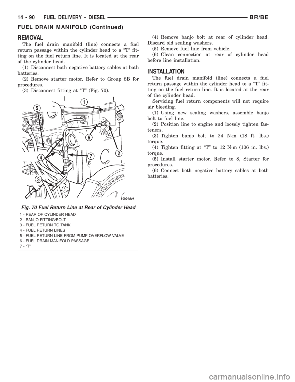 DODGE RAM 2002 Service Repair Manual REMOVAL
The fuel drain manifold (line) connects a fuel
return passage within the cylinder head to a ªTº fit-
ting on the fuel return line. It is located at the rear
of the cylinder head.
(1) Disconn DODGE RAM 2002 Service Repair Manual REMOVAL
The fuel drain manifold (line) connects a fuel
return passage within the cylinder head to a ªTº fit-
ting on the fuel return line. It is located at the rear
of the cylinder head.
(1) Disconn