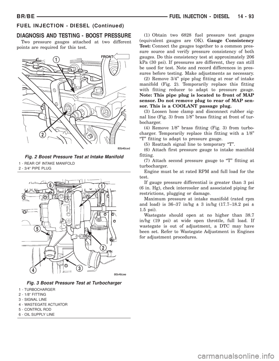 DODGE RAM 2002 Service Repair Manual DIAGNOSIS AND TESTING - BOOST PRESSURE
Two pressure gauges attached at two different
points are required for this test.(1) Obtain two 6828 fuel pressure test gauges
(equivalent gauges are OK).Gauge Co DODGE RAM 2002 Service Repair Manual DIAGNOSIS AND TESTING - BOOST PRESSURE
Two pressure gauges attached at two different
points are required for this test.(1) Obtain two 6828 fuel pressure test gauges
(equivalent gauges are OK).Gauge Co