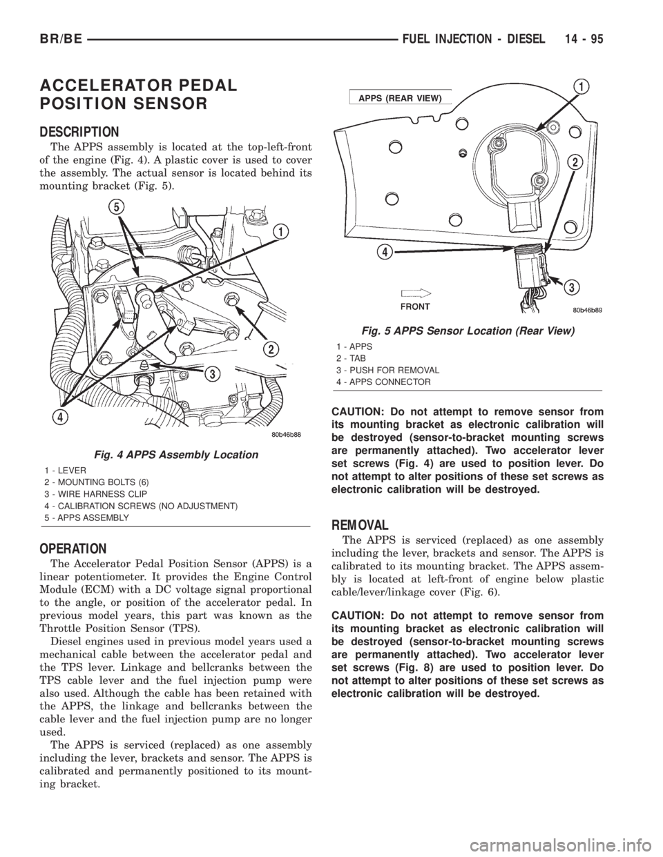 DODGE RAM 2002 Service Repair Manual ACCELERATOR PEDAL
POSITION SENSOR
DESCRIPTION
The APPS assembly is located at the top-left-front
of the engine (Fig. 4). A plastic cover is used to cover
the assembly. The actual sensor is located beh DODGE RAM 2002 Service Repair Manual ACCELERATOR PEDAL
POSITION SENSOR
DESCRIPTION
The APPS assembly is located at the top-left-front
of the engine (Fig. 4). A plastic cover is used to cover
the assembly. The actual sensor is located beh