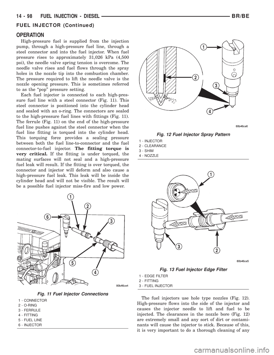 DODGE RAM 2002  Service Repair Manual OPERATION
High-pressure fuel is supplied from the injection
pump, through a high-pressure fuel line, through a
steel connector and into the fuel injector. When fuel
pressure rises to approximately 31,