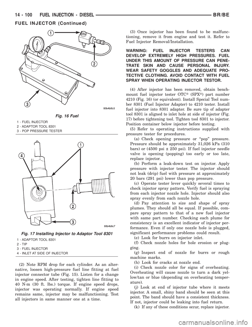 DODGE RAM 2002  Service Repair Manual (2) Note RPM drop for each cylinder. As an alter-
native, loosen high-pressure fuel line fitting at fuel
injector connector tube (Fig. 15). Listen for a change
in engine speed. After testing, tighten 