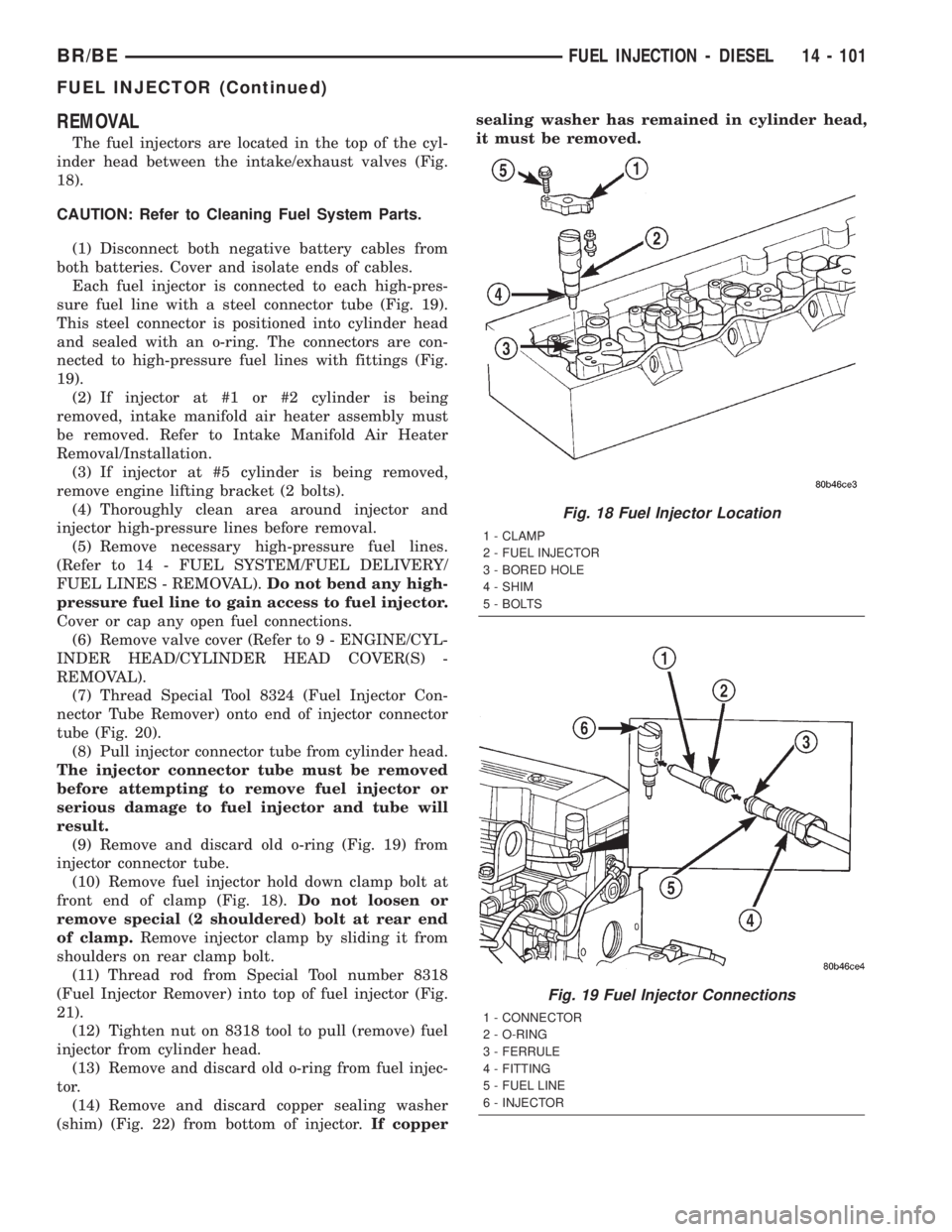 DODGE RAM 2002  Service Repair Manual REMOVAL
The fuel injectors are located in the top of the cyl-
inder head between the intake/exhaust valves (Fig.
18).
CAUTION: Refer to Cleaning Fuel System Parts.
(1) Disconnect both negative battery