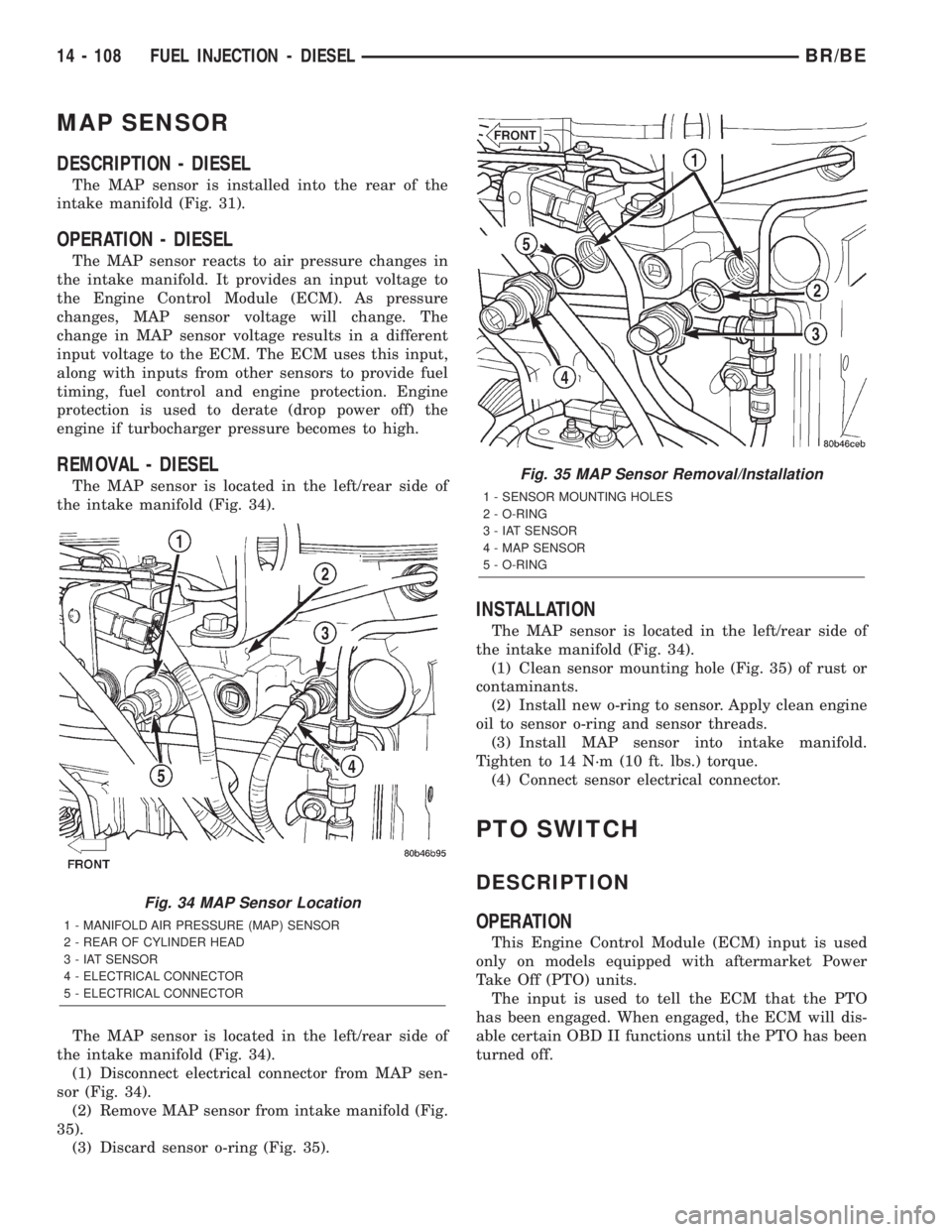 DODGE RAM 2002 Service Repair Manual MAP SENSOR
DESCRIPTION - DIESEL
The MAP sensor is installed into the rear of the
intake manifold (Fig. 31).
OPERATION - DIESEL
The MAP sensor reacts to air pressure changes in
the intake manifold. It DODGE RAM 2002 Service Repair Manual MAP SENSOR
DESCRIPTION - DIESEL
The MAP sensor is installed into the rear of the
intake manifold (Fig. 31).
OPERATION - DIESEL
The MAP sensor reacts to air pressure changes in
the intake manifold. It