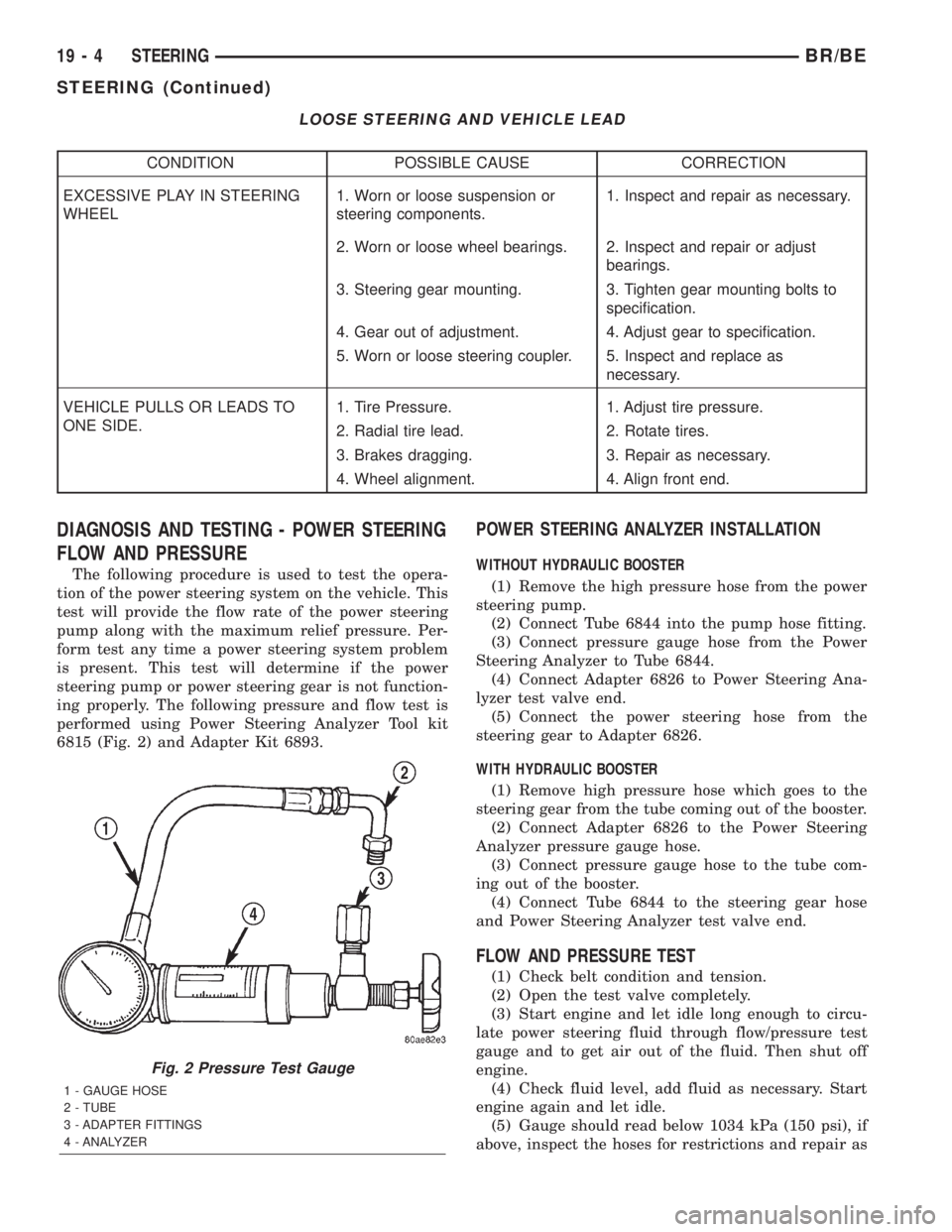 DODGE RAM 2002 Service Repair Manual LOOSE STEERING AND VEHICLE LEAD
CONDITION POSSIBLE CAUSE CORRECTION
EXCESSIVE PLAY IN STEERING
WHEEL1. Worn or loose suspension or
steering components.1. Inspect and repair as necessary.
2. Worn or lo DODGE RAM 2002 Service Repair Manual LOOSE STEERING AND VEHICLE LEAD
CONDITION POSSIBLE CAUSE CORRECTION
EXCESSIVE PLAY IN STEERING
WHEEL1. Worn or loose suspension or
steering components.1. Inspect and repair as necessary.
2. Worn or lo