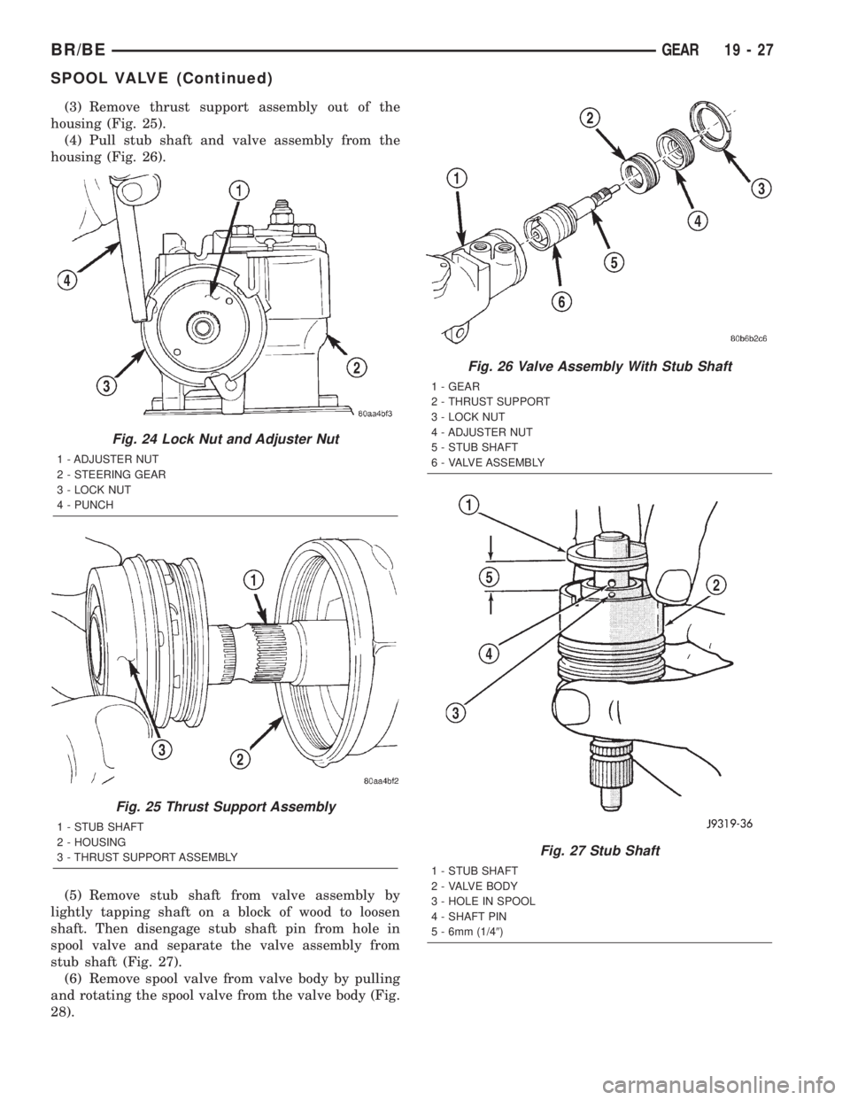 DODGE RAM 2002 Service Repair Manual (3) Remove thrust support assembly out of the
housing (Fig. 25).
(4) Pull stub shaft and valve assembly from the
housing (Fig. 26).
(5) Remove stub shaft from valve assembly by
lightly tapping shaft o DODGE RAM 2002 Service Repair Manual (3) Remove thrust support assembly out of the
housing (Fig. 25).
(4) Pull stub shaft and valve assembly from the
housing (Fig. 26).
(5) Remove stub shaft from valve assembly by
lightly tapping shaft o